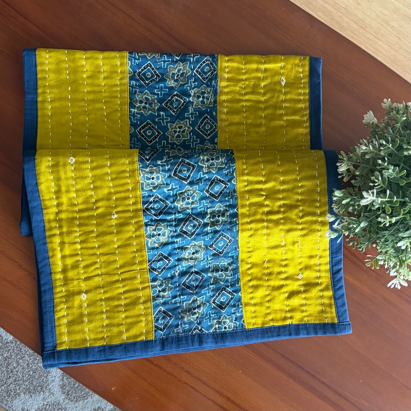 Mashru Silk Coffee Table Runner (Gold Blue) - Image 2