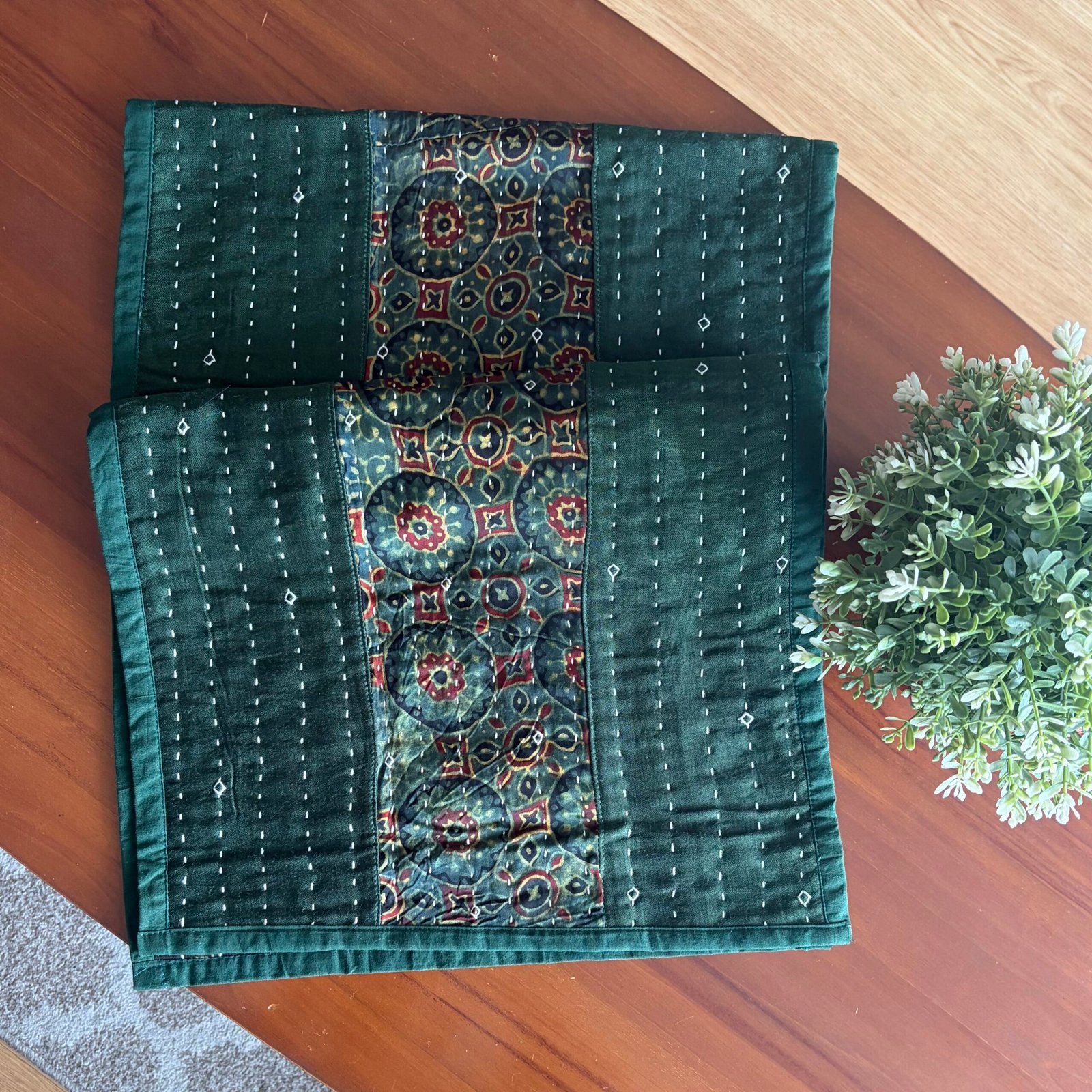 Mashru Silk Coffee Table Runner (Green Circles) - Image 2