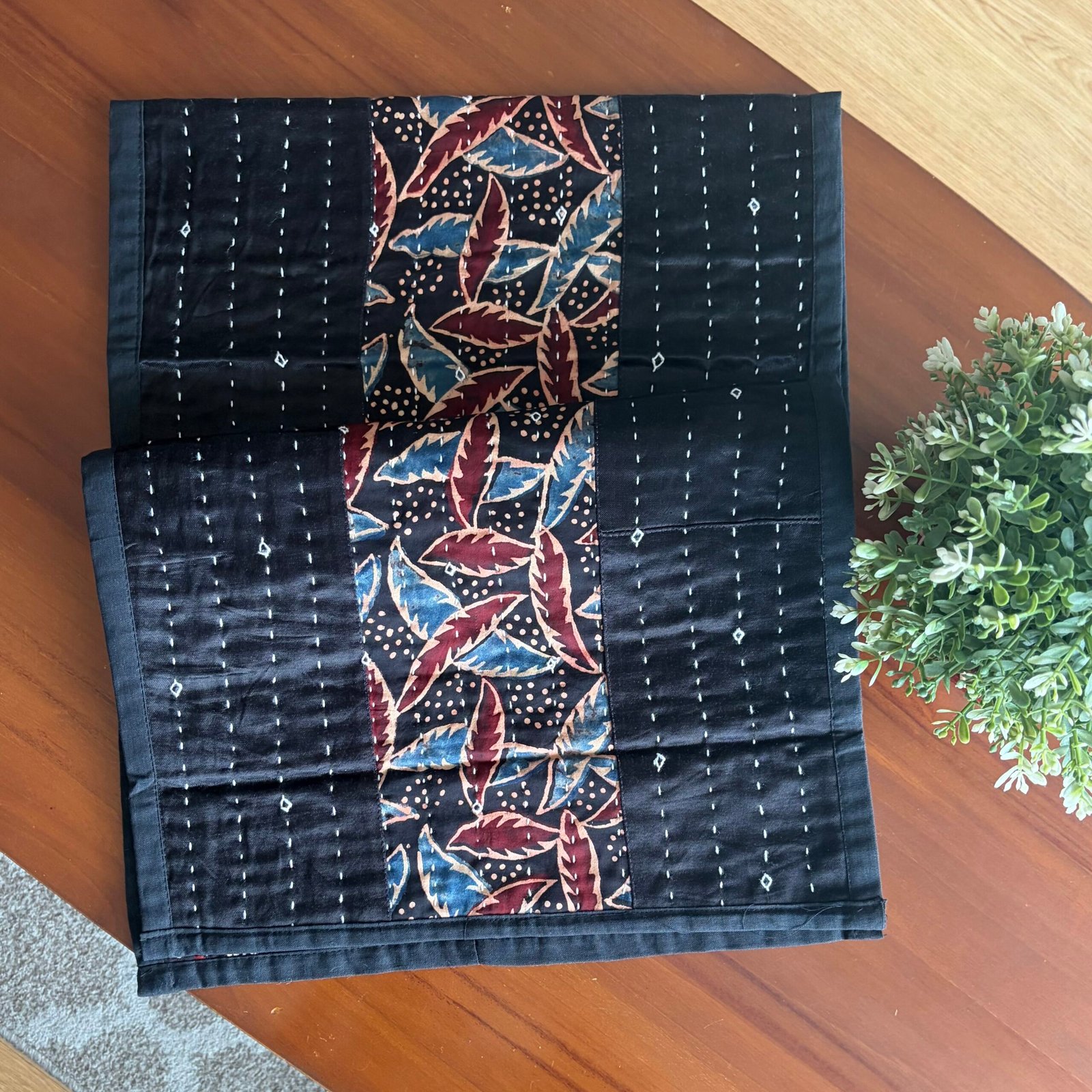 Mashru Silk Coffee Table Runner (Black Leaves) - Image 2