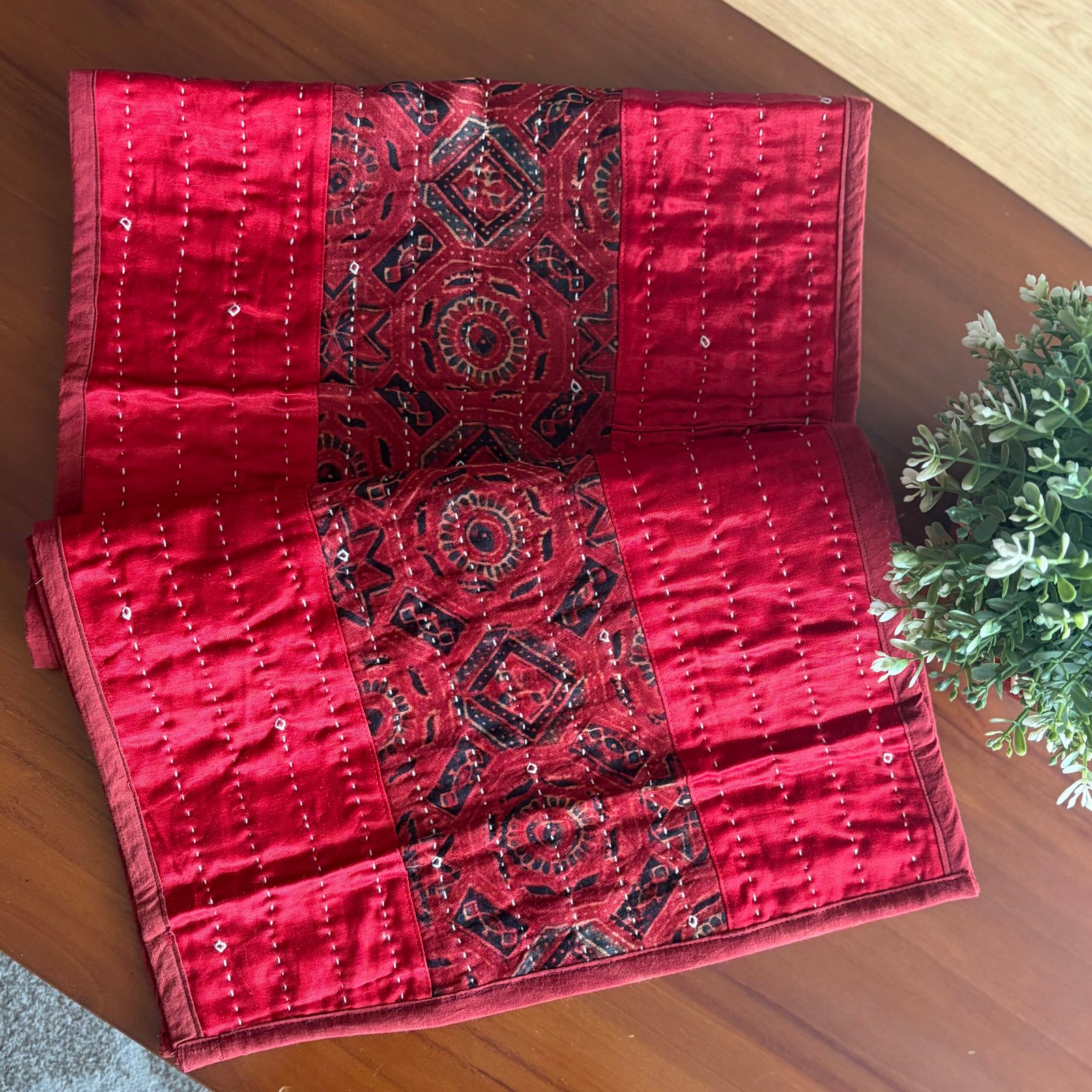 Mashru Silk Coffee Table Runner (Red) - Image 2