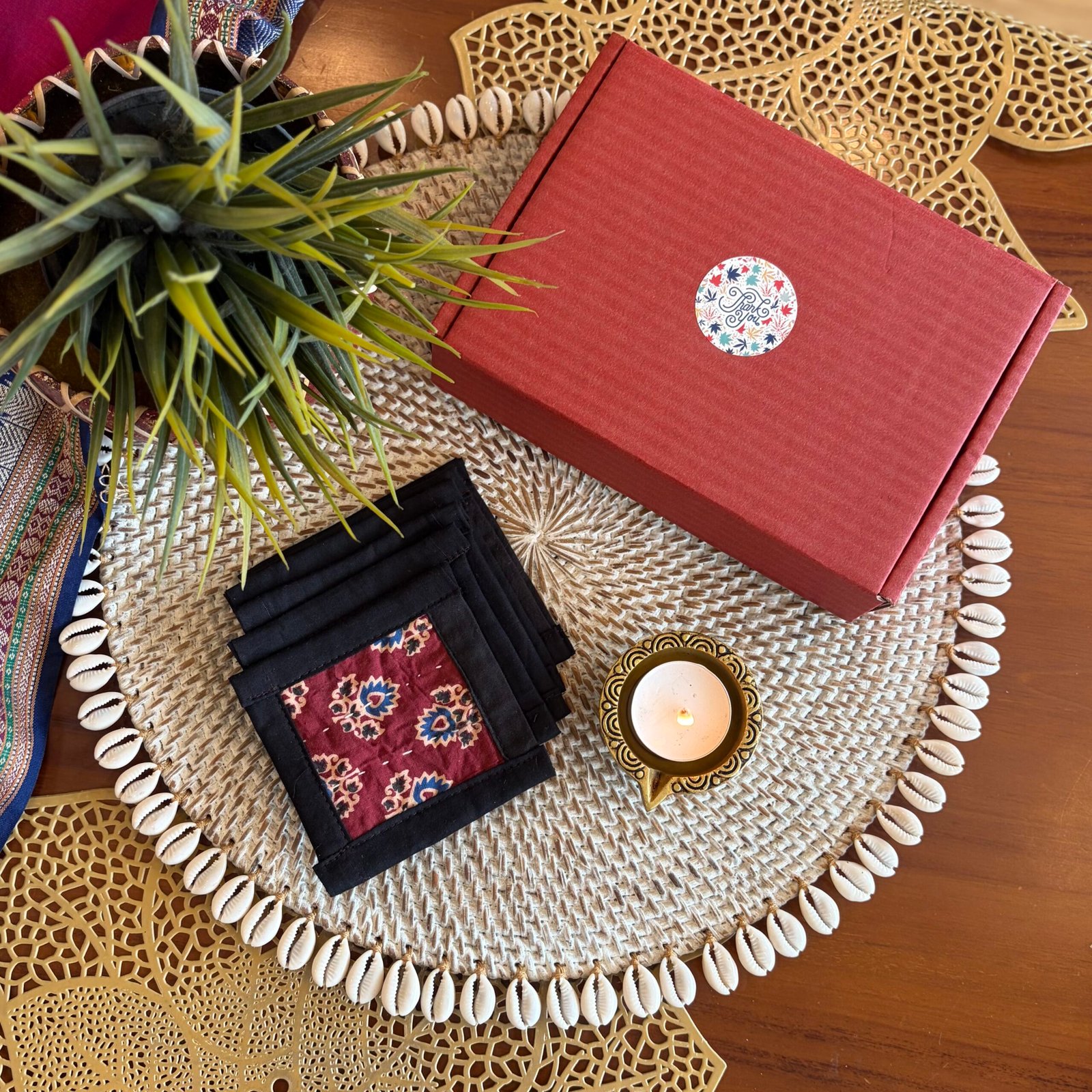 Coaster & Diya Gift Set (Red w Black)