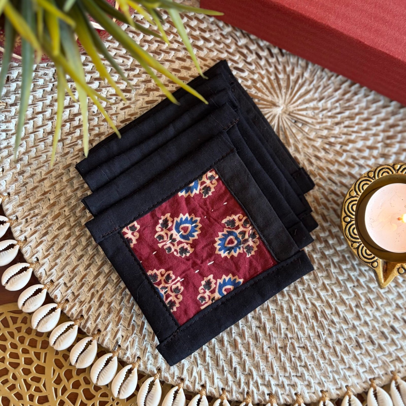 Coaster & Diya Gift Set (Red w Black) - Image 3