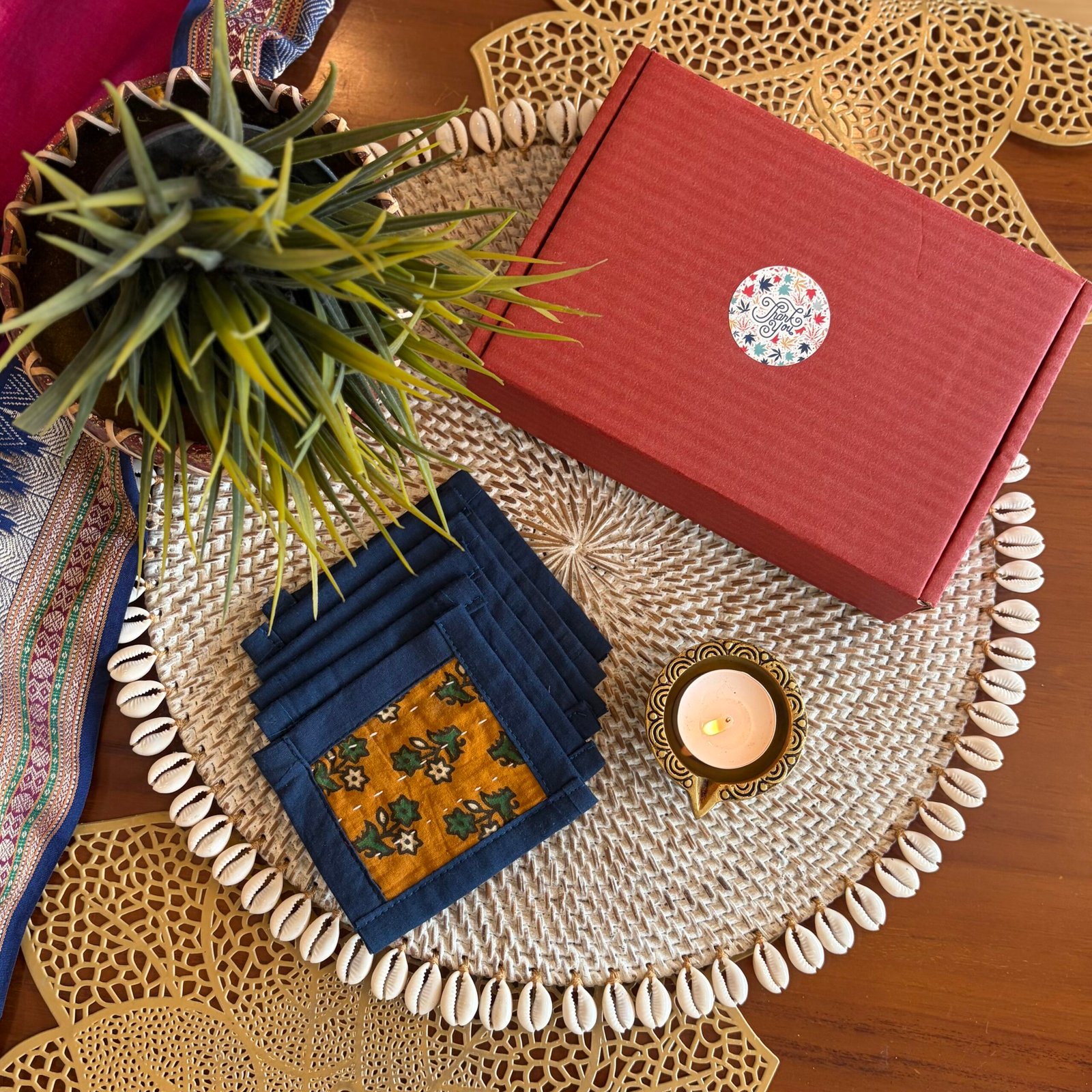 Coaster & Diya Gift Set (Mustard Flower)