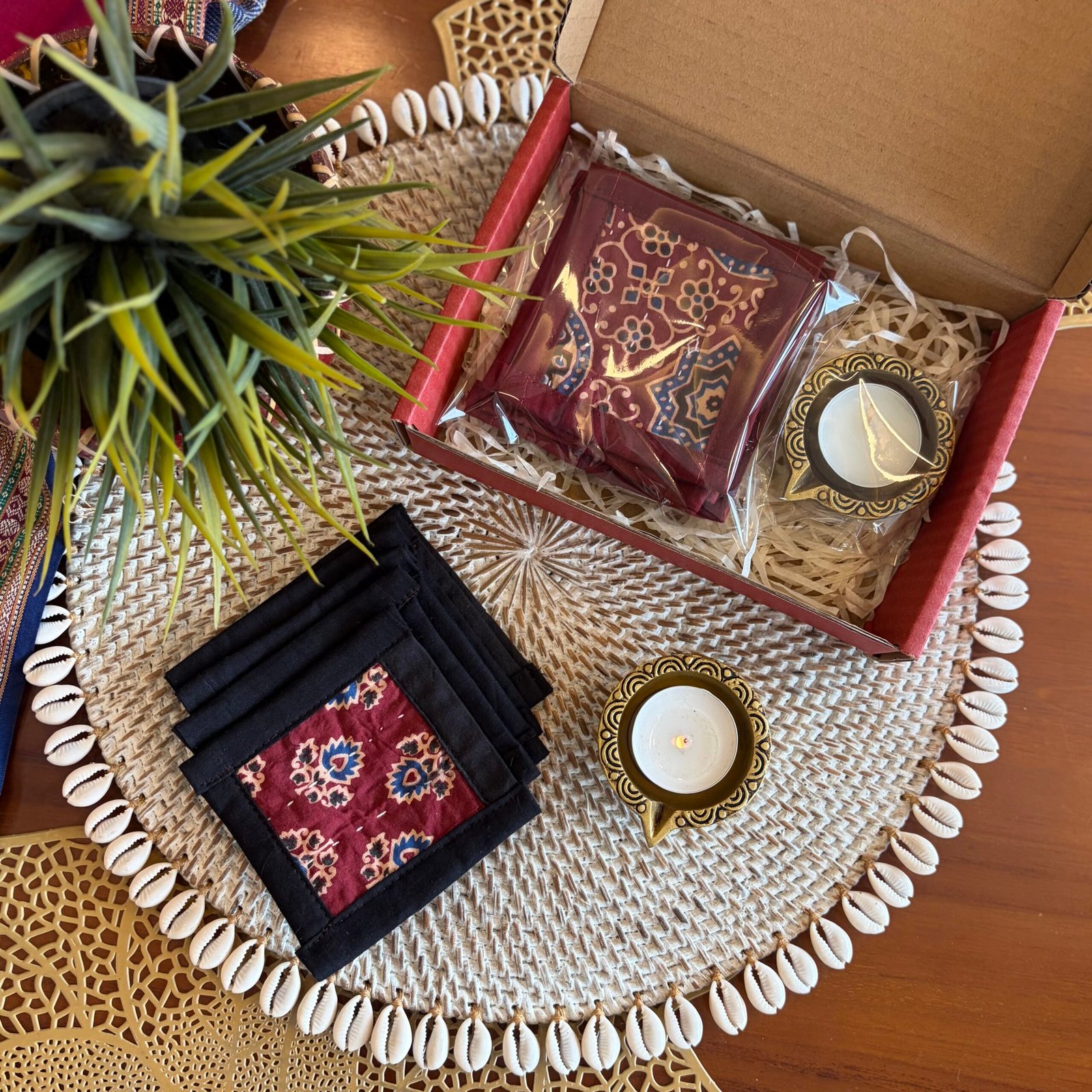 Coaster & Diya Gift Set (Red w Black) - Image 2