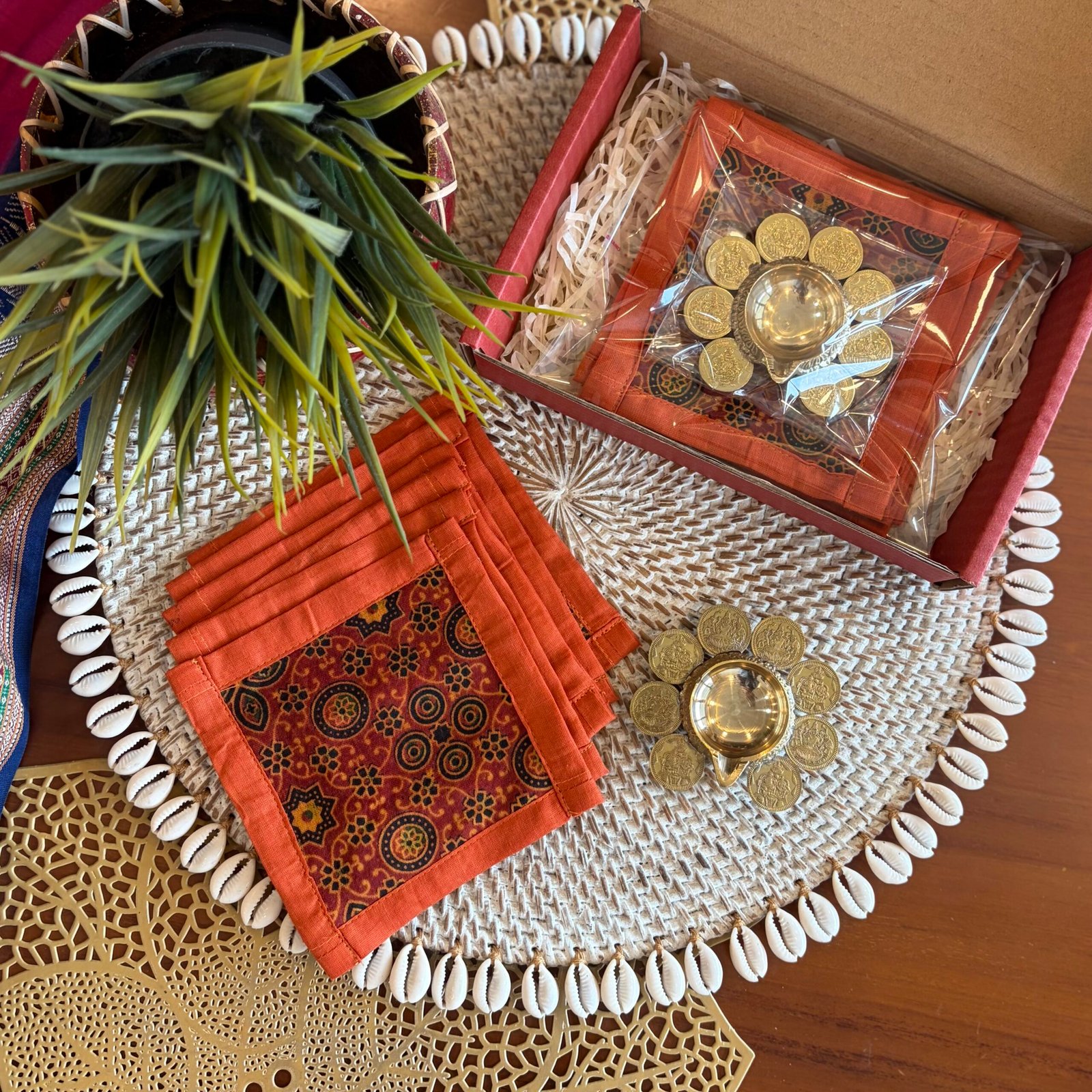 Silk Coaster & Coin Diya Gift Set (Orange) - Image 2