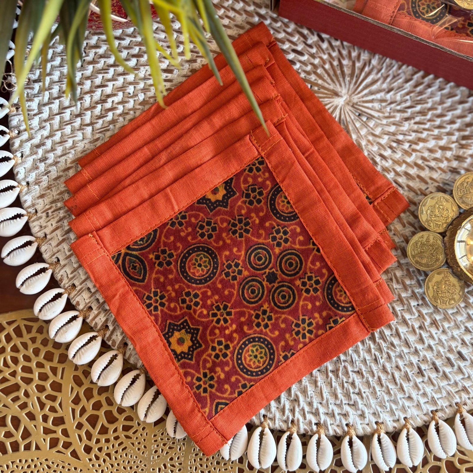 Silk Coaster & Coin Diya Gift Set (Orange) - Image 3