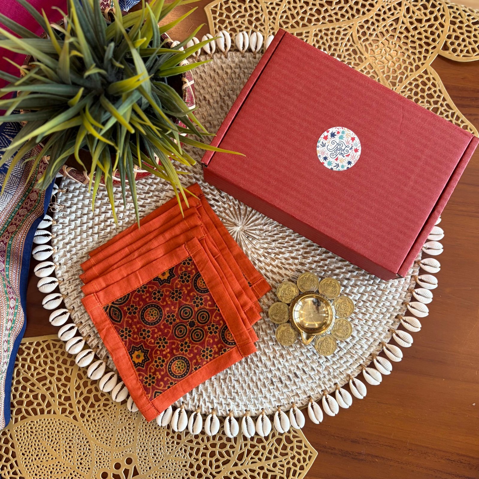 Silk Coaster & Coin Diya Gift Set (Orange)