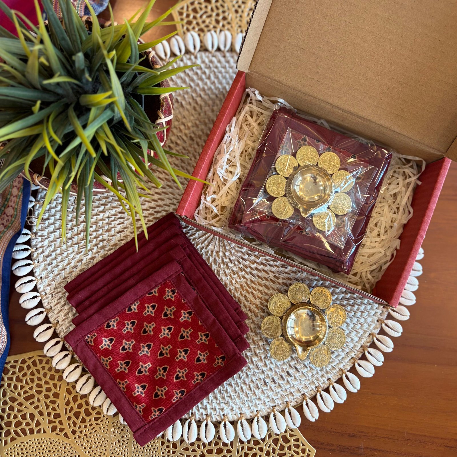 Silk Coaster & Coin Diya Gift Set (Red) - Image 2