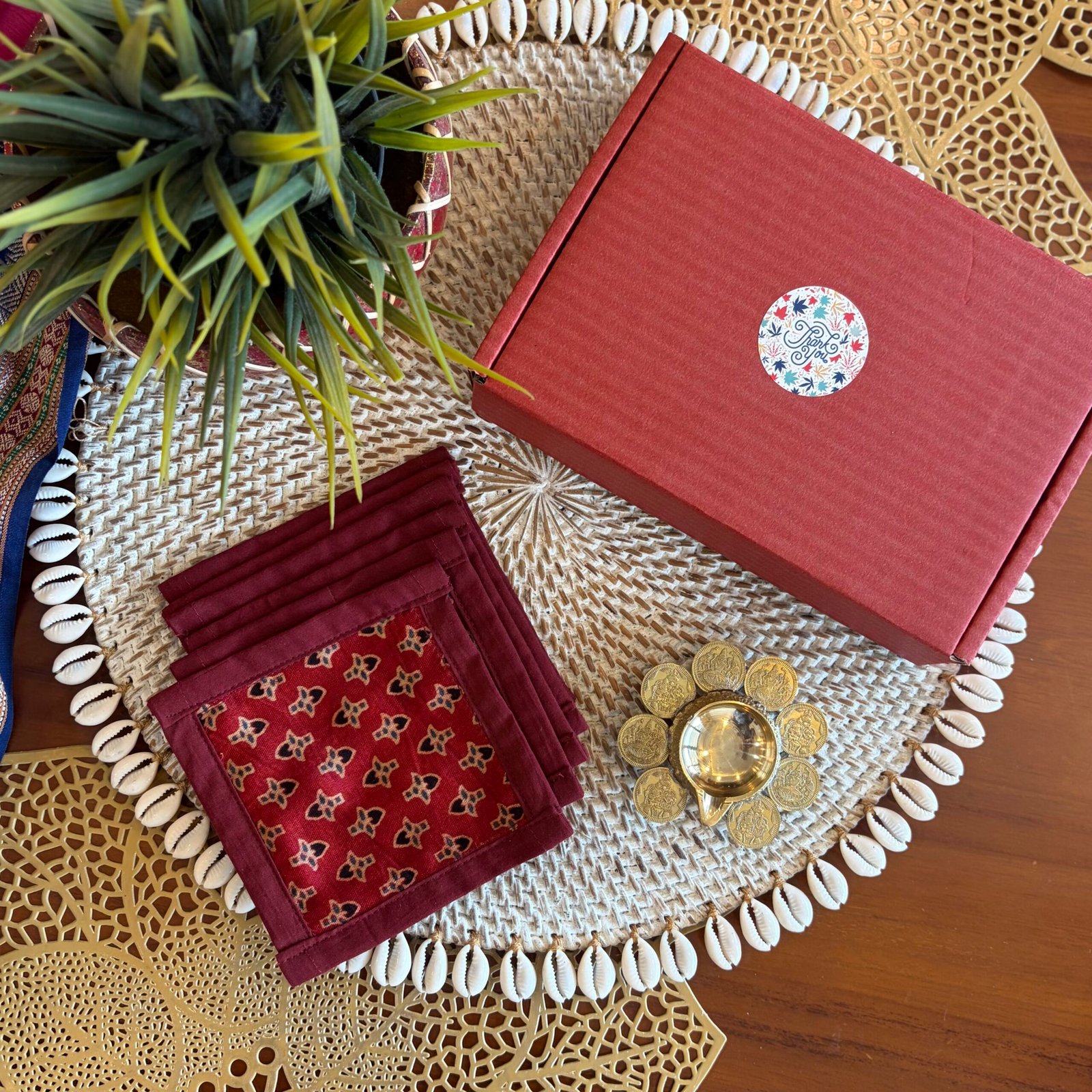 Silk Coaster & Coin Diya Gift Set (Red)