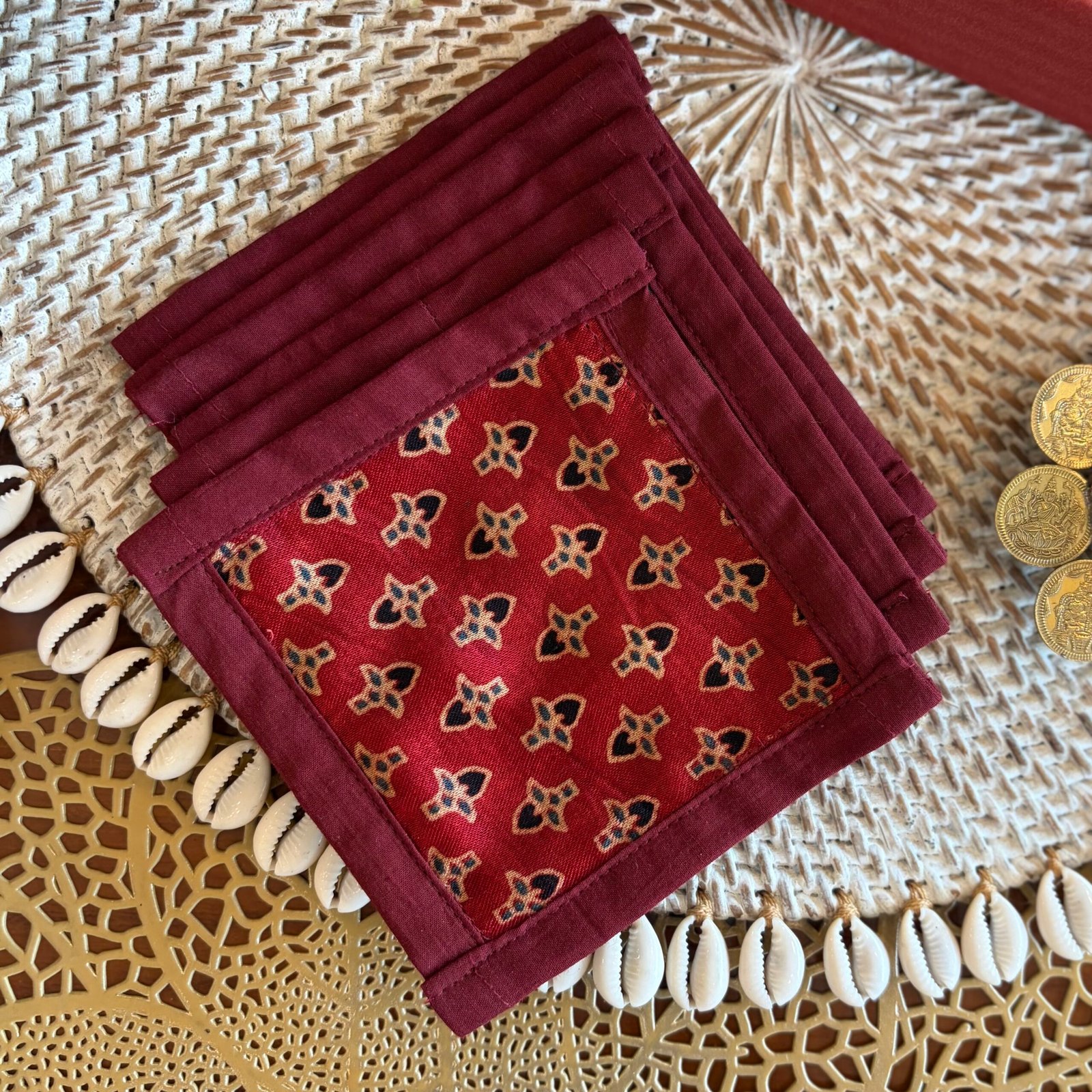 Silk Coaster & Coin Diya Gift Set (Red) - Image 3