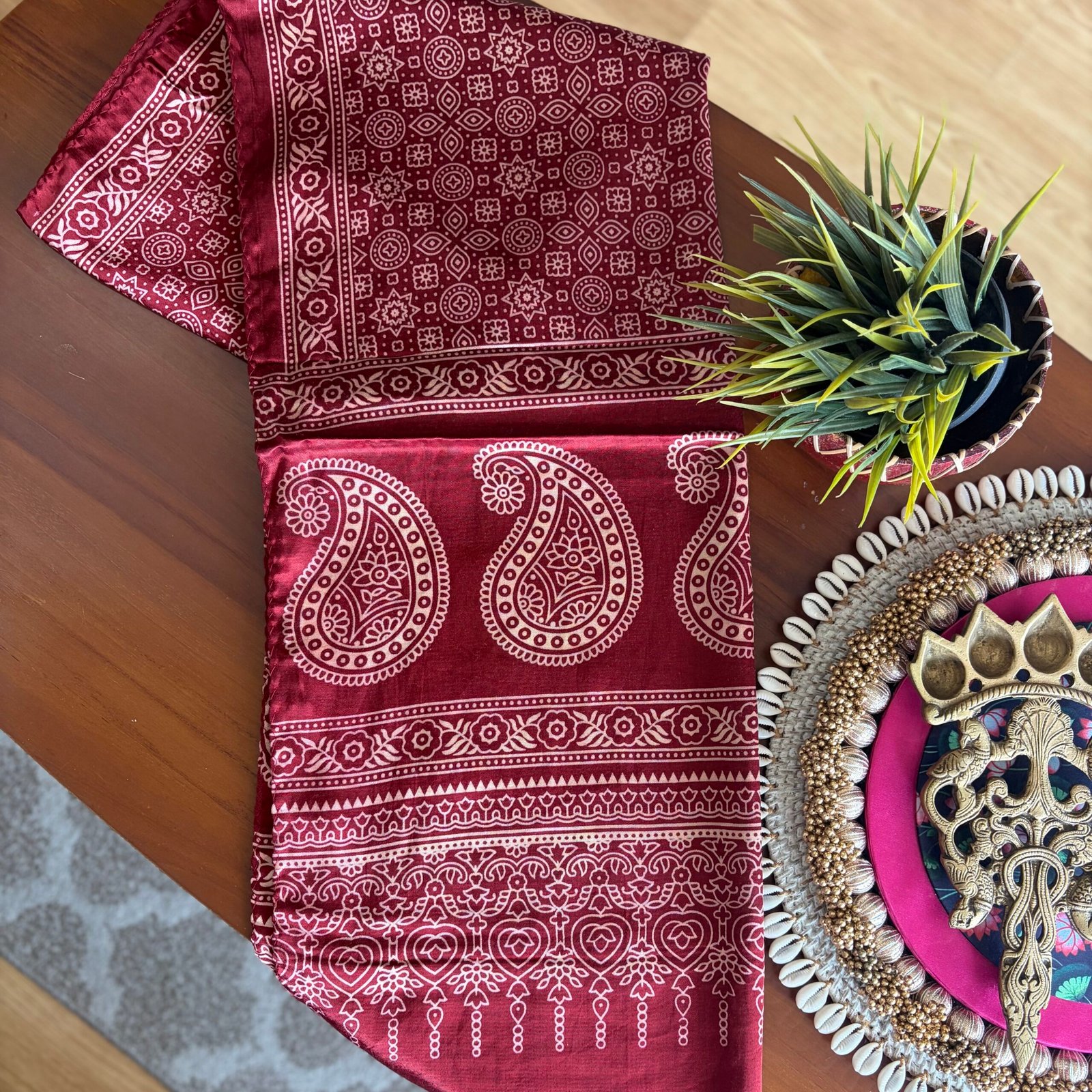 Mashru Silk Stole (Maroon Ajrakh w Paisley) - Image 2