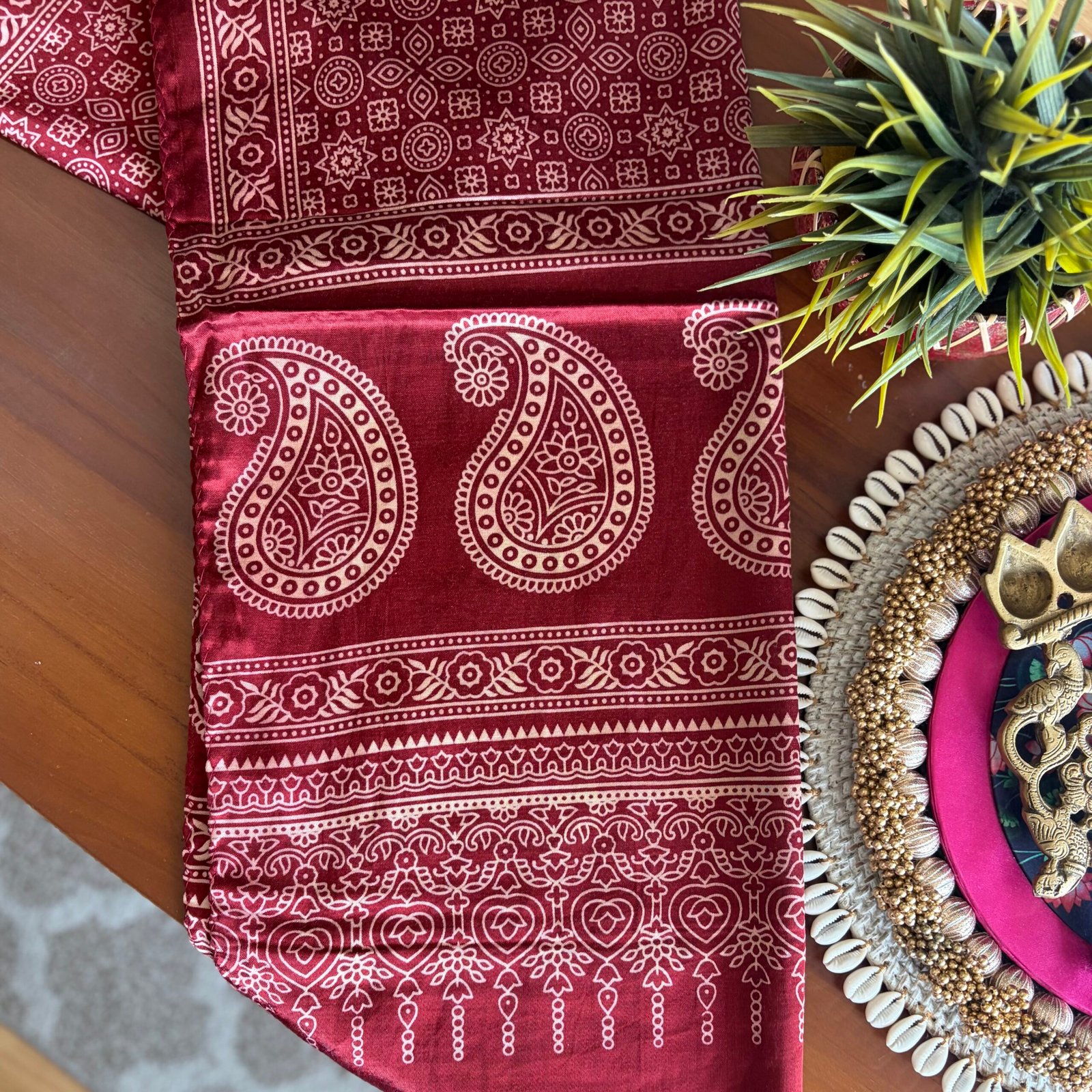 Mashru Silk Stole (Maroon Ajrakh w Paisley) - Image 3