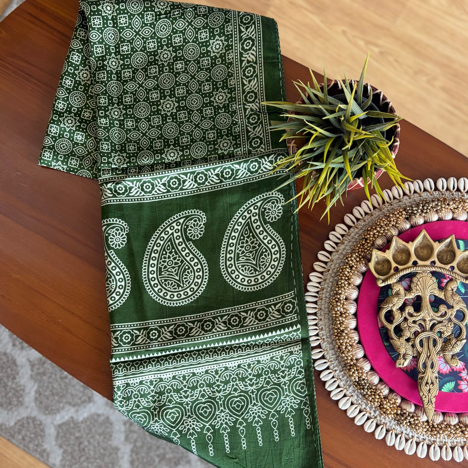 Mashru Silk Stole (Green Ajrakh w Paisley) - Image 2