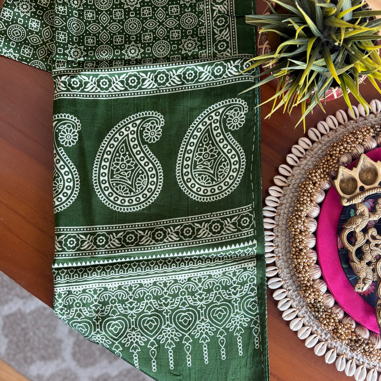 Mashru Silk Stole (Green Ajrakh w Paisley) - Image 3