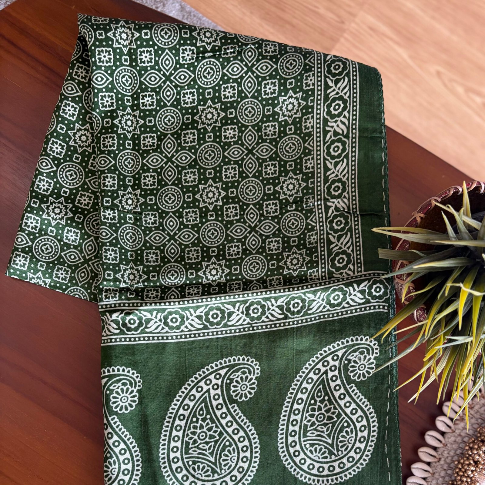 Mashru Silk Stole (Green Ajrakh w Paisley) - Image 4