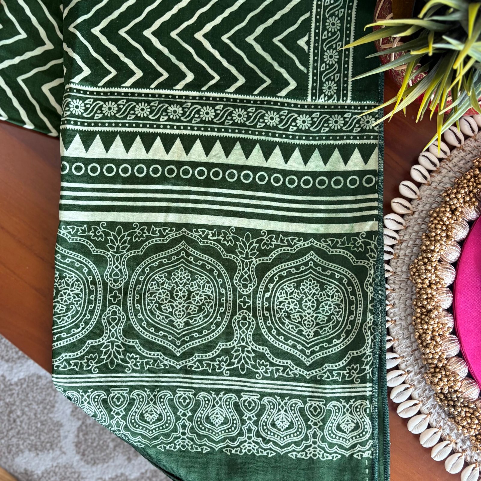 Mashru Silk Stole (Green Zig Zag) - Image 3