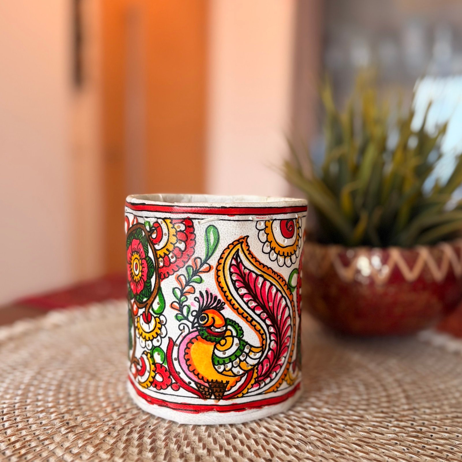 Hand painted Leather Tealight Holder (Tholu Bommalata - Yellow Peacock)