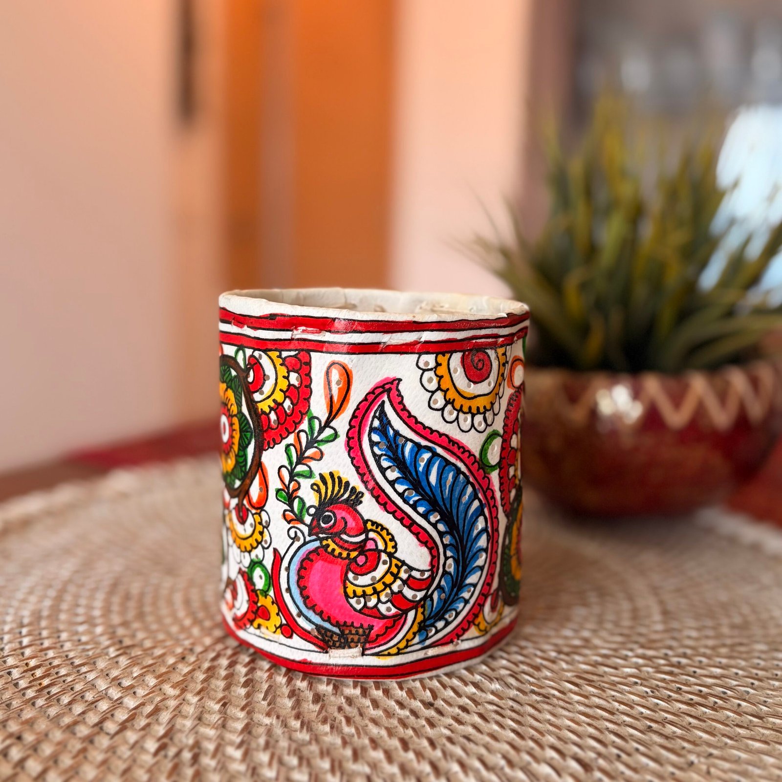 Hand painted Leather Tealight Holder (Tholu Bommalata - Pink Peacock)