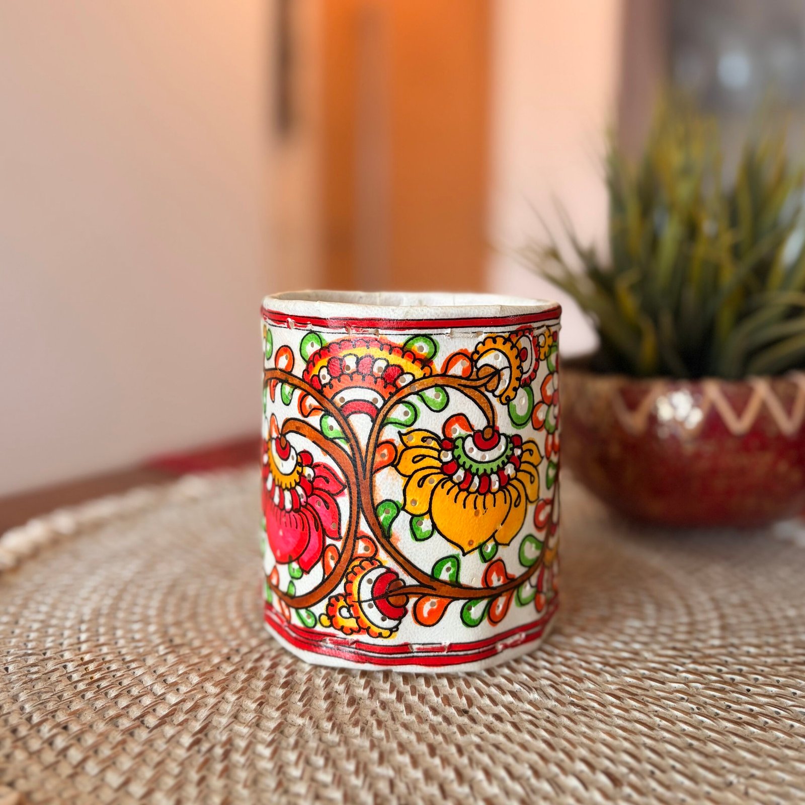 Hand painted Leather Tealight Holder (Tholu Bommalata - Flower)