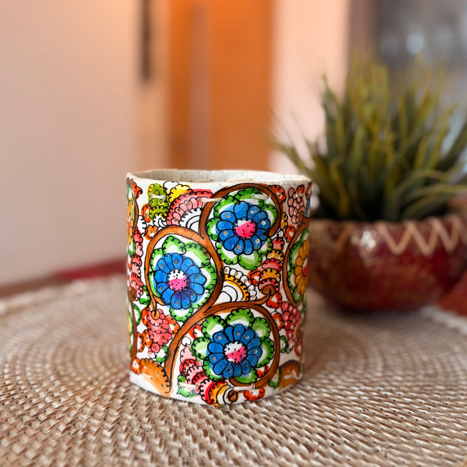 Hand painted Leather Tealight Holder (Tholu Bommalata - Floral B)