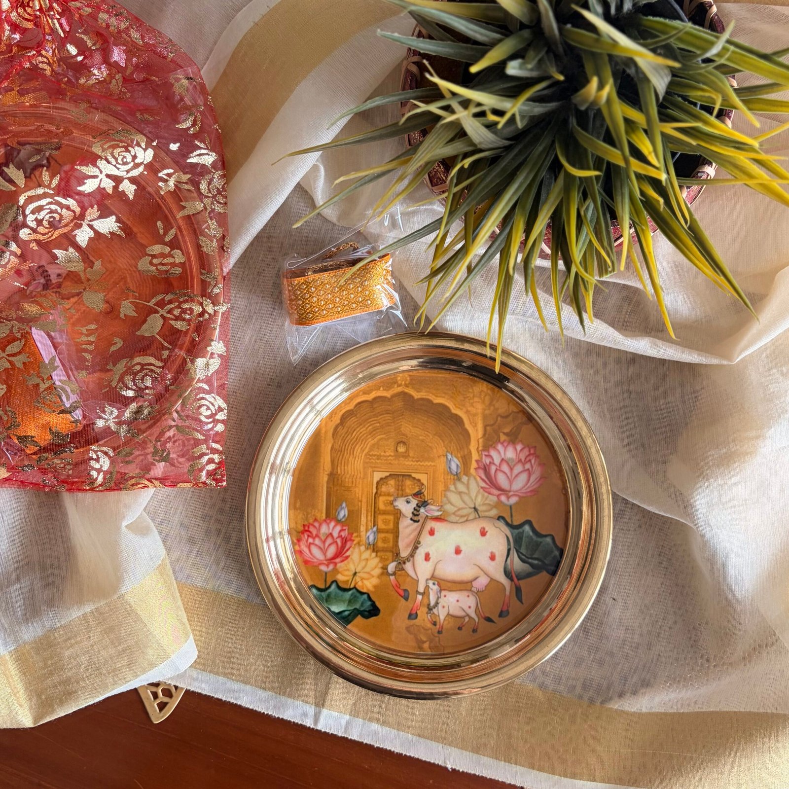 Pichwai Brass Plate & Haldi Kumkum Gift Set (Cow Mustard)