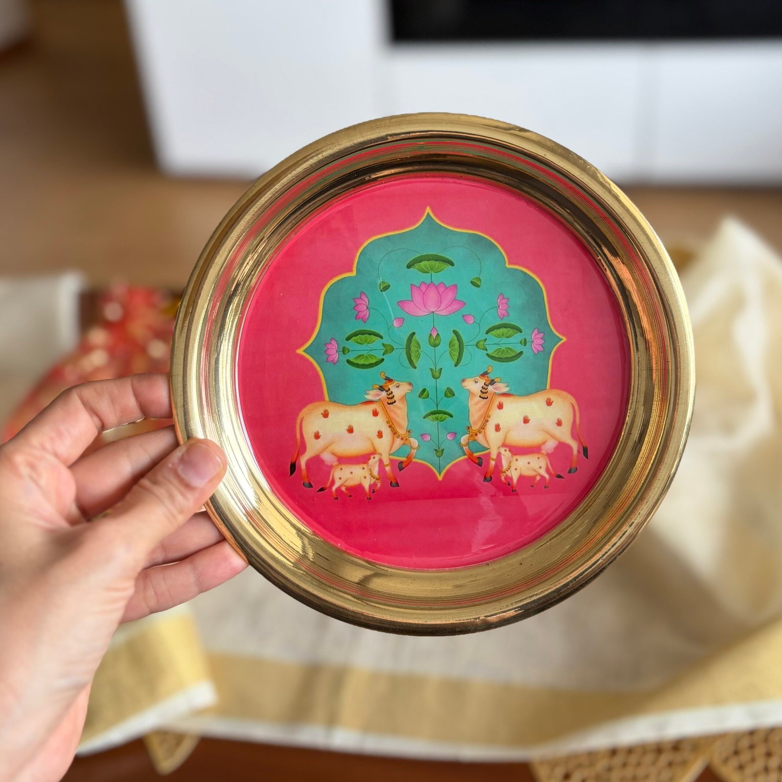Pichwai Brass Plate & Haldi Kumkum Gift Set (Cow Pink) - Image 2