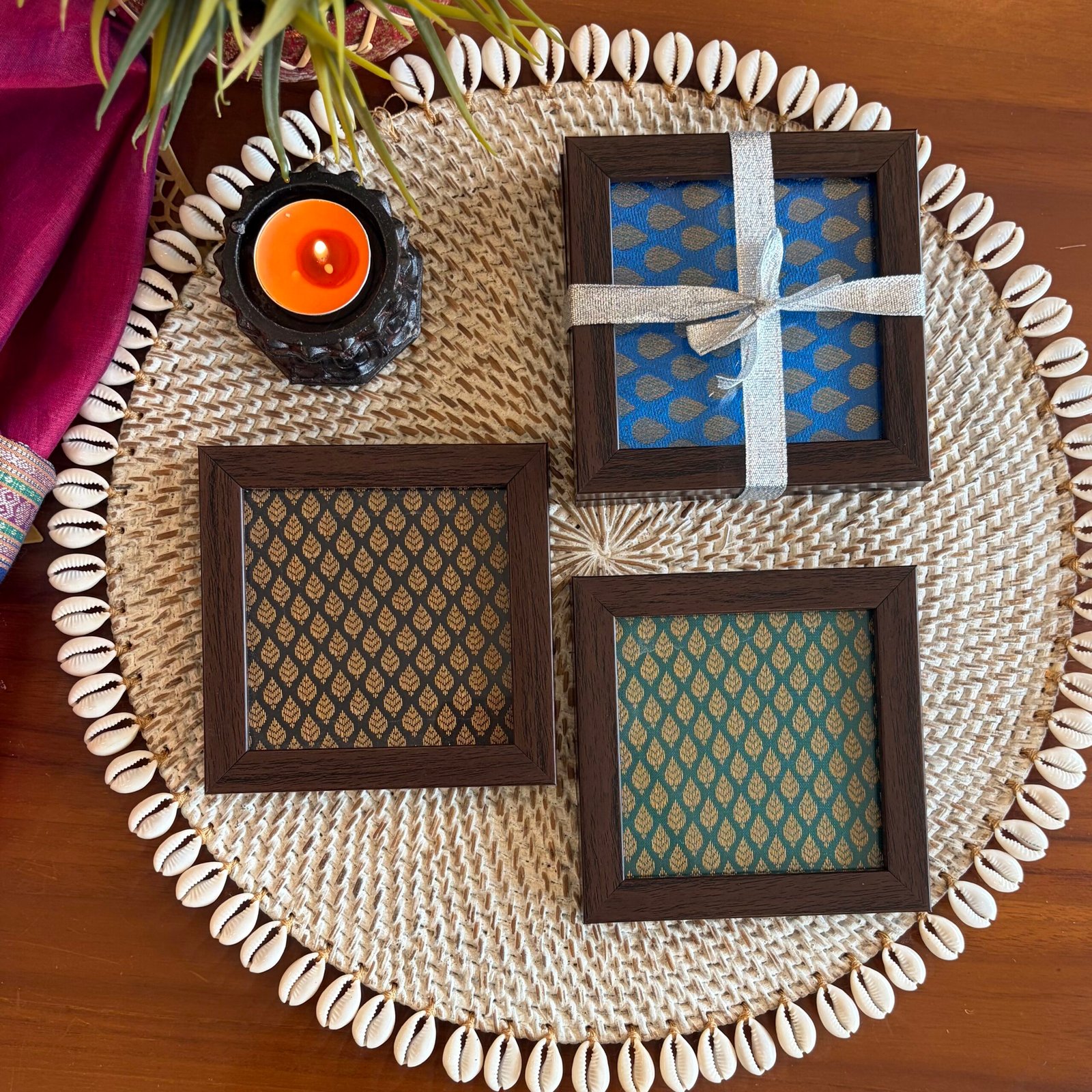 Brocade Silk Coaster Gift Set (Teal & Black)