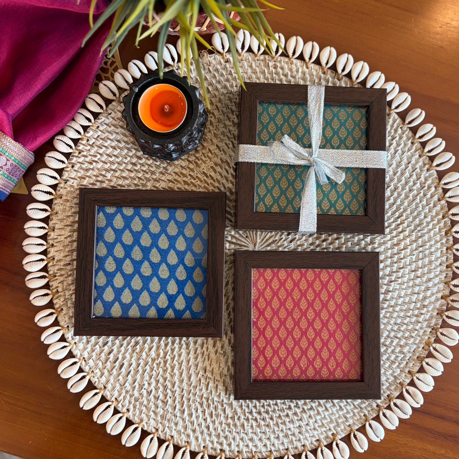 Brocade Silk Coaster Gift Set (Pink & Blue)