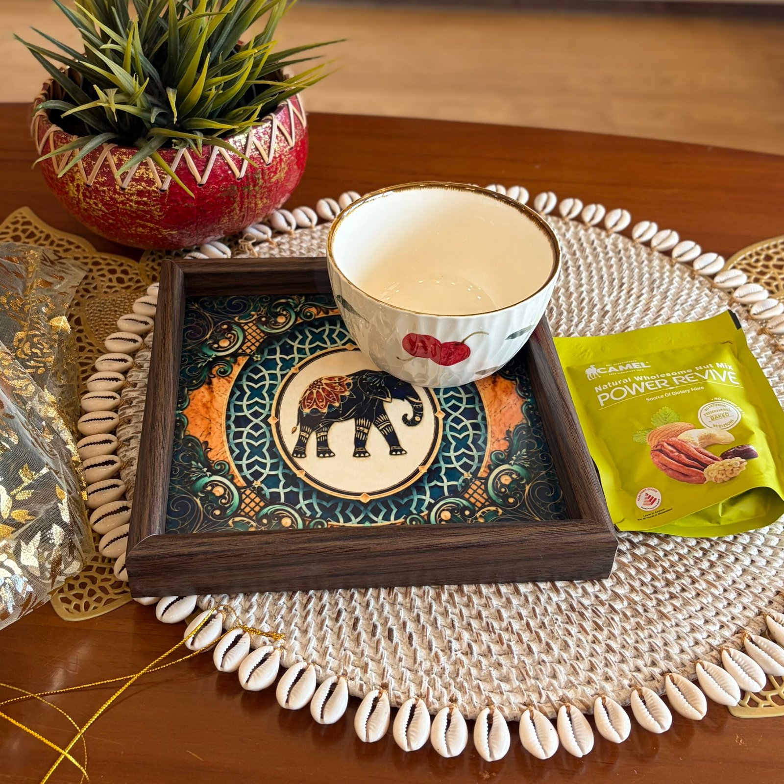 Wooden tray, Ceramic Bowl & Nuts Gift Set (Red Cherry) - Image 2