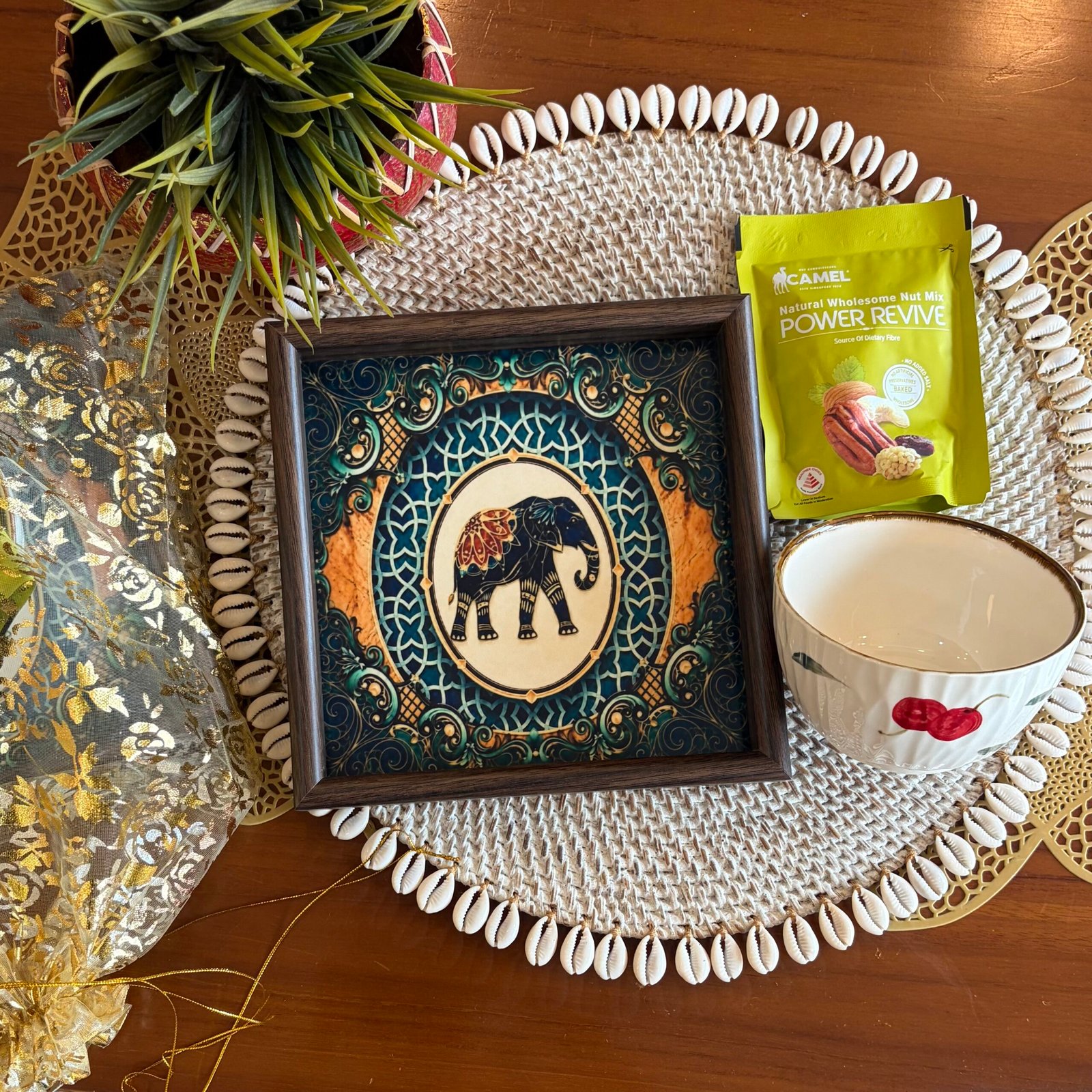 Wooden tray, Ceramic Bowl & Nuts Gift Set (Red Cherry)