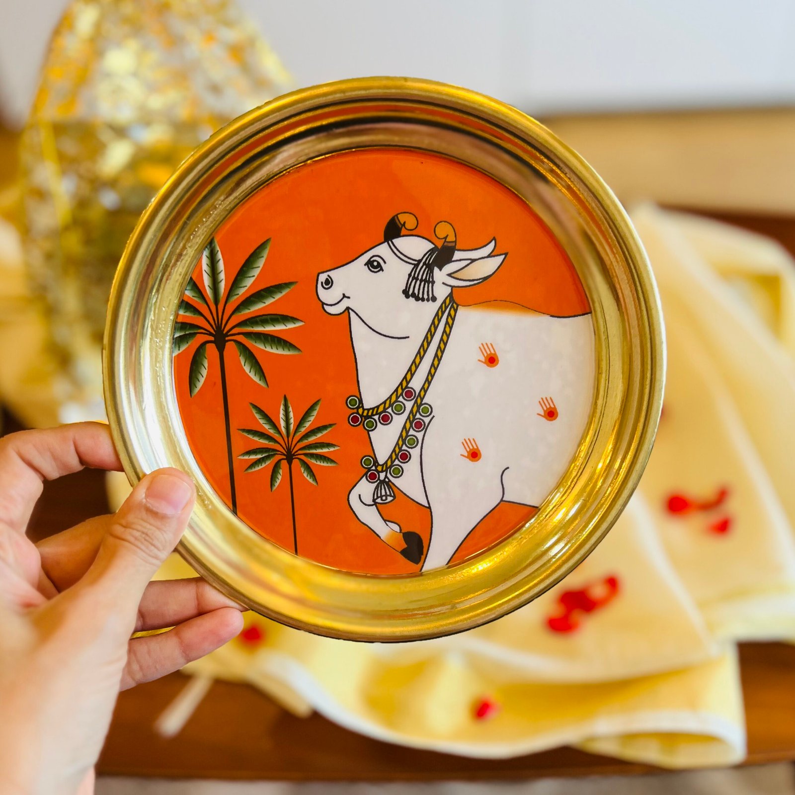 Pichwai Brass Plate & Haldi Kumkum Gift Set (Single Cow Orange) - Image 2