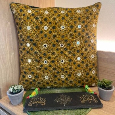 Cotton Ajrakh Mirror Work Cushion Cover (Mustard)