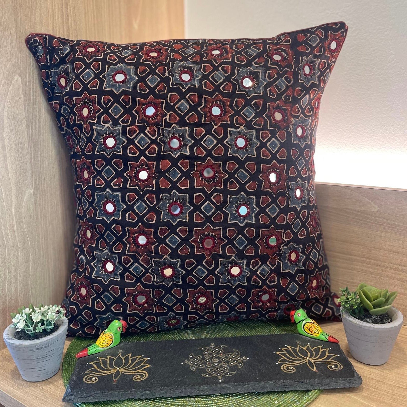 Cotton Ajrakh Mirror Work Cushion Cover (Black)