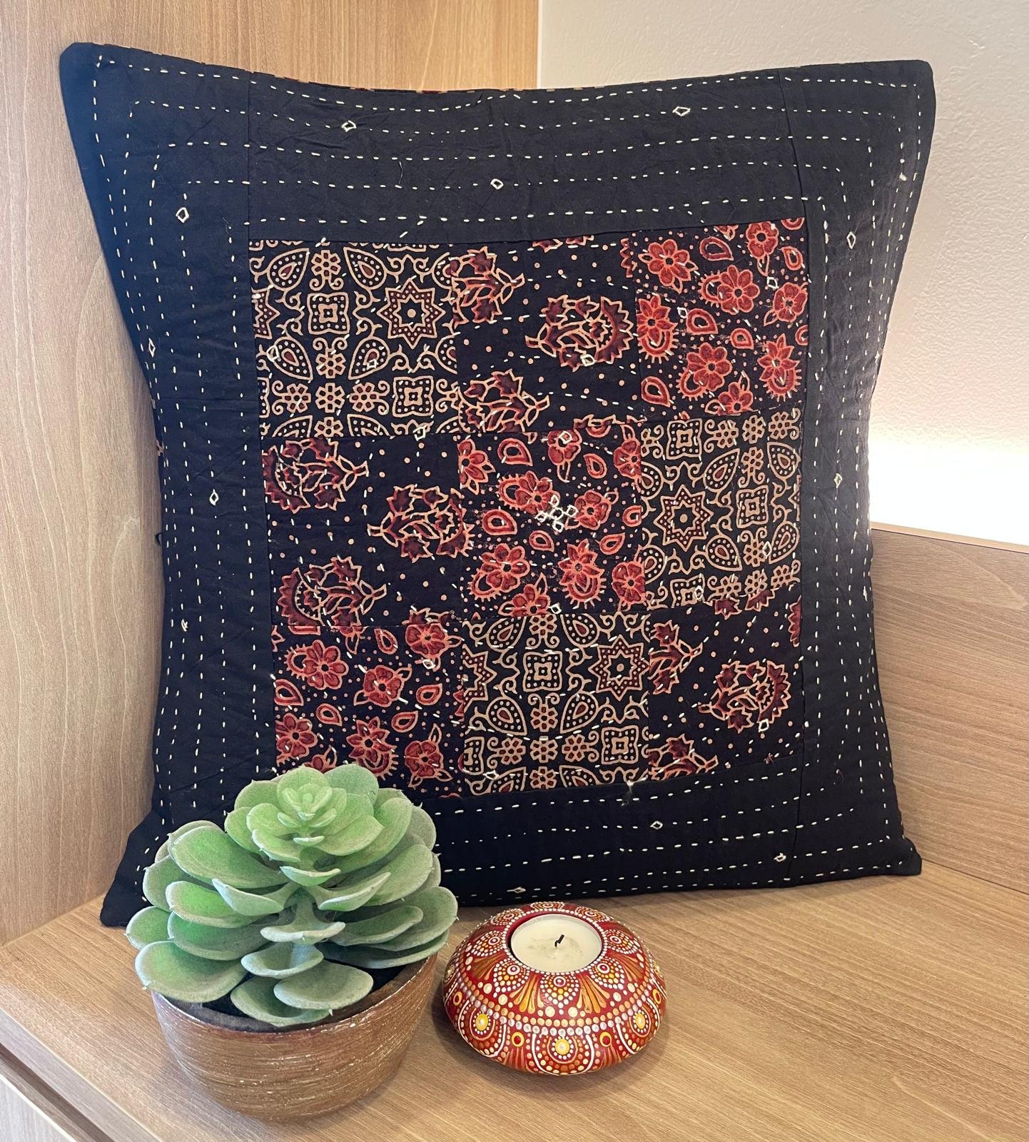 Cotton Ajrakh Cushion Cover (Black)