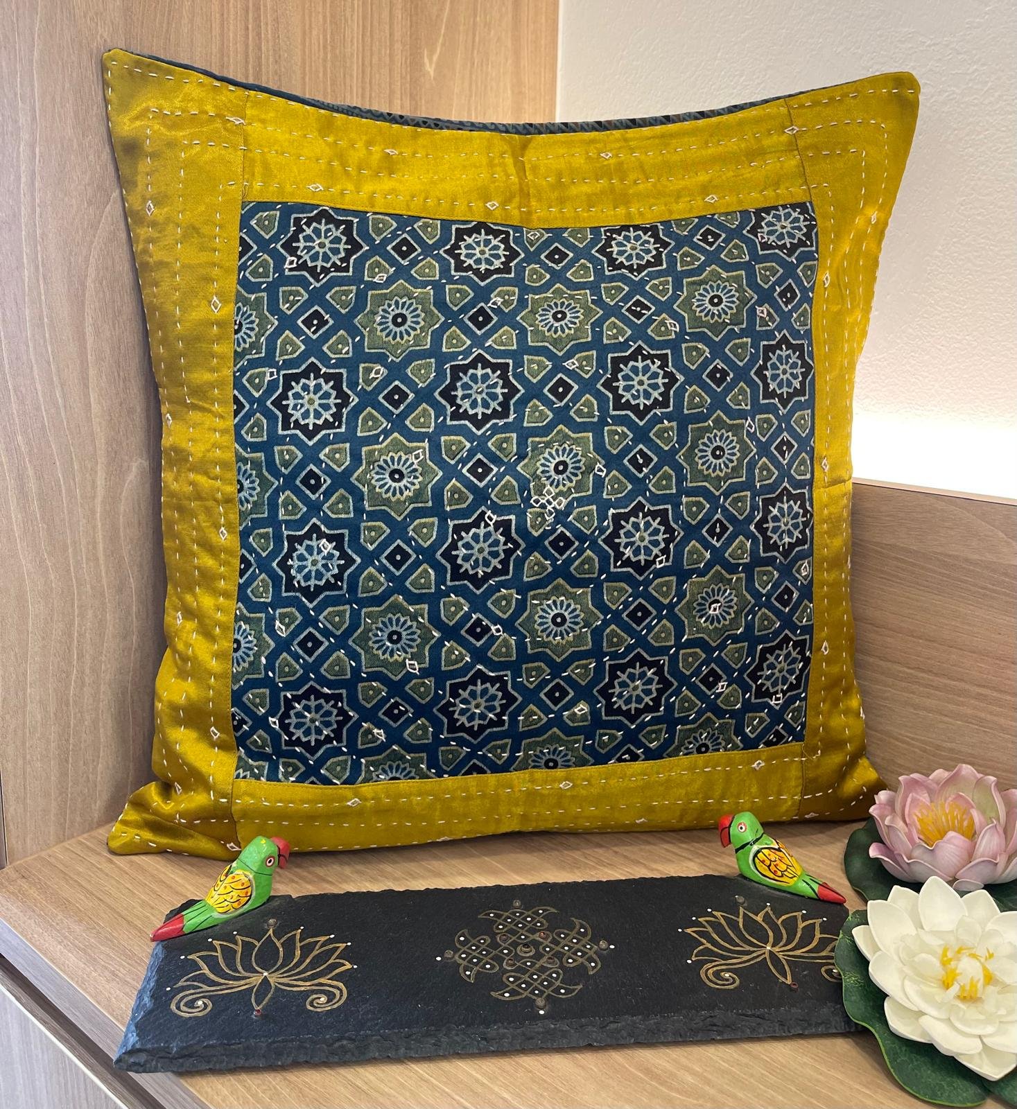 Mashru Silk Cushion Cover (Blue Gold)
