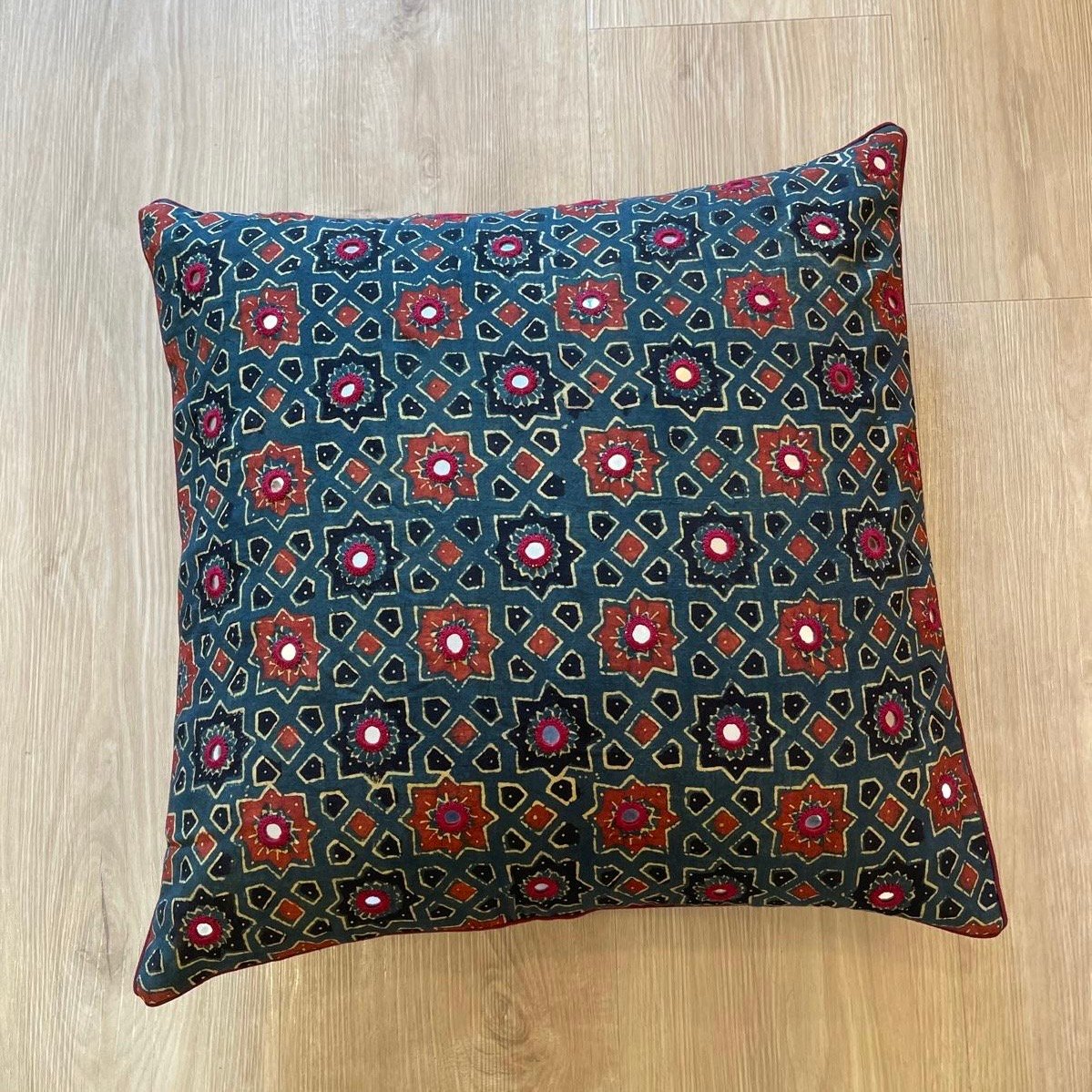 Cotton Ajrakh Mirror Work Cushion Cover (Green Star) - Image 3