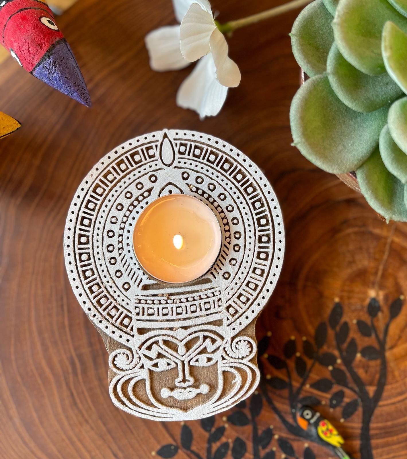 Wooden Block Tealight Holder (Kathakali)