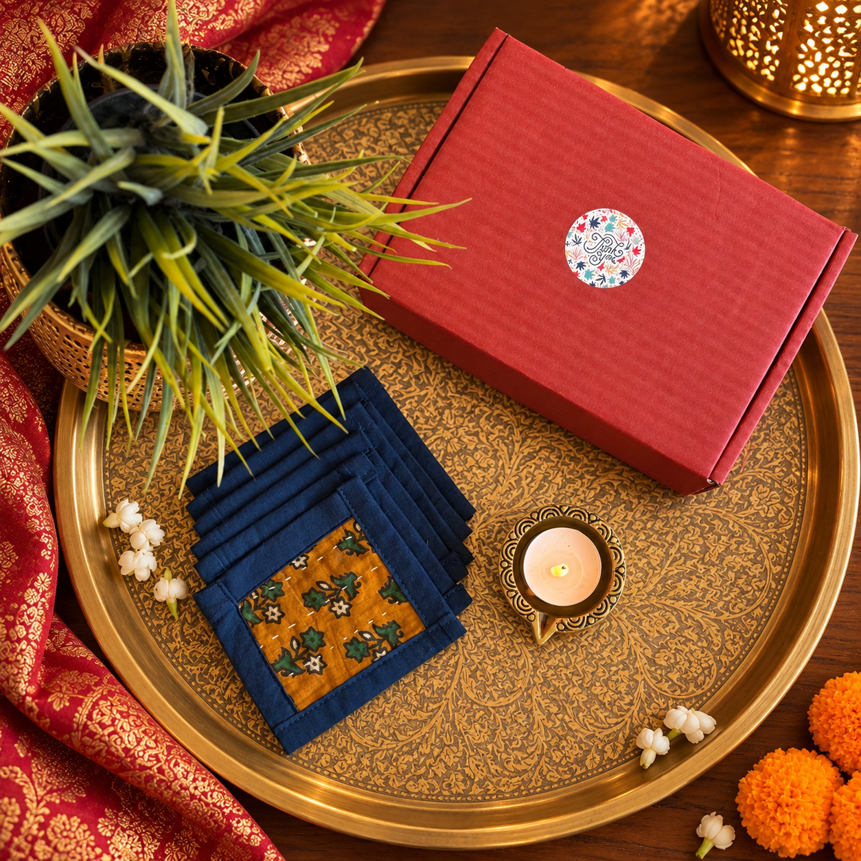 Coaster & Diya Gift Set (Mustard Flower)