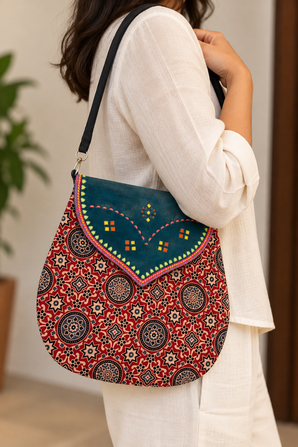 Mashru Silk & Leather Shoulder Bag (Red Circles)
