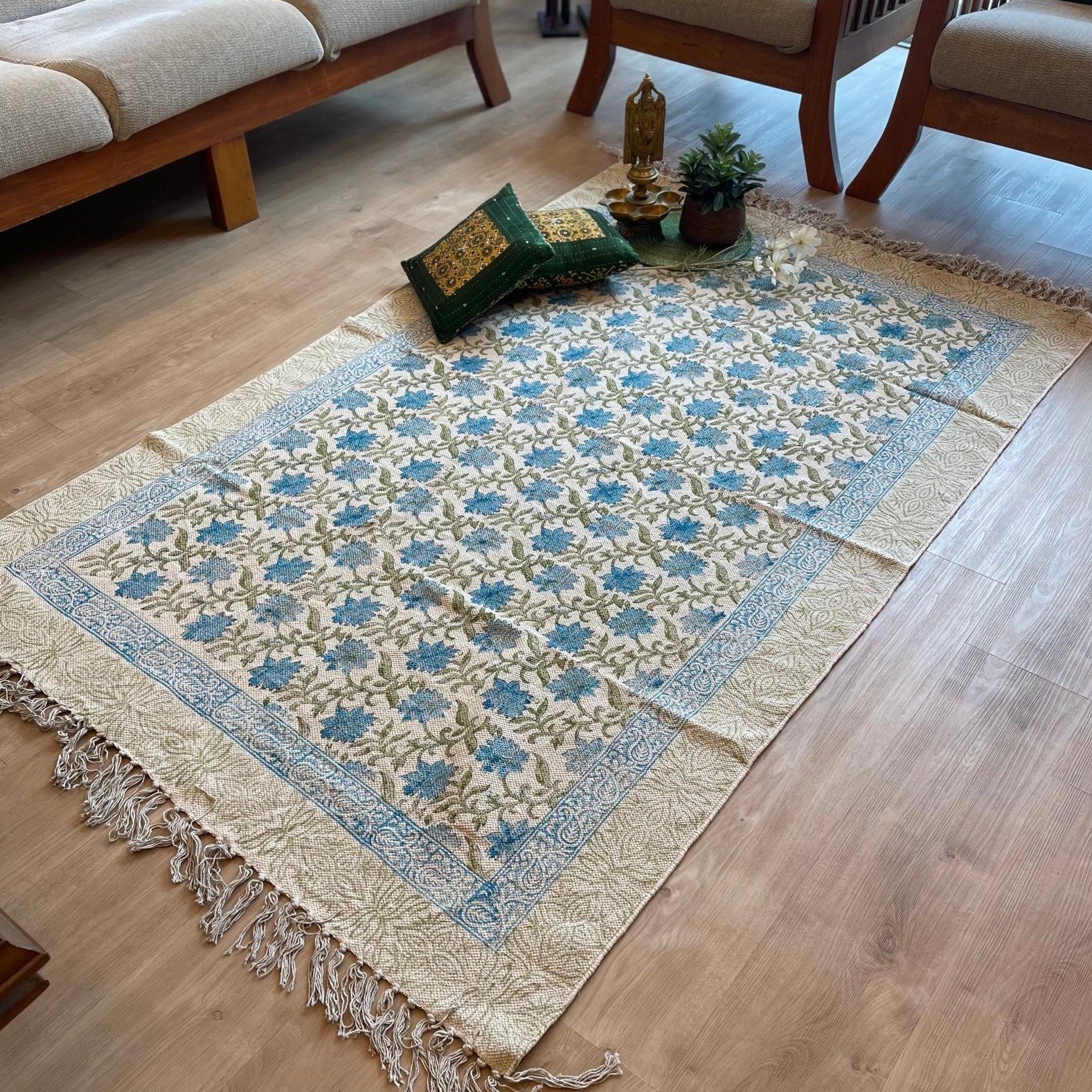 Block Printed Jute Dhurrie (4x6 feet - Blue)