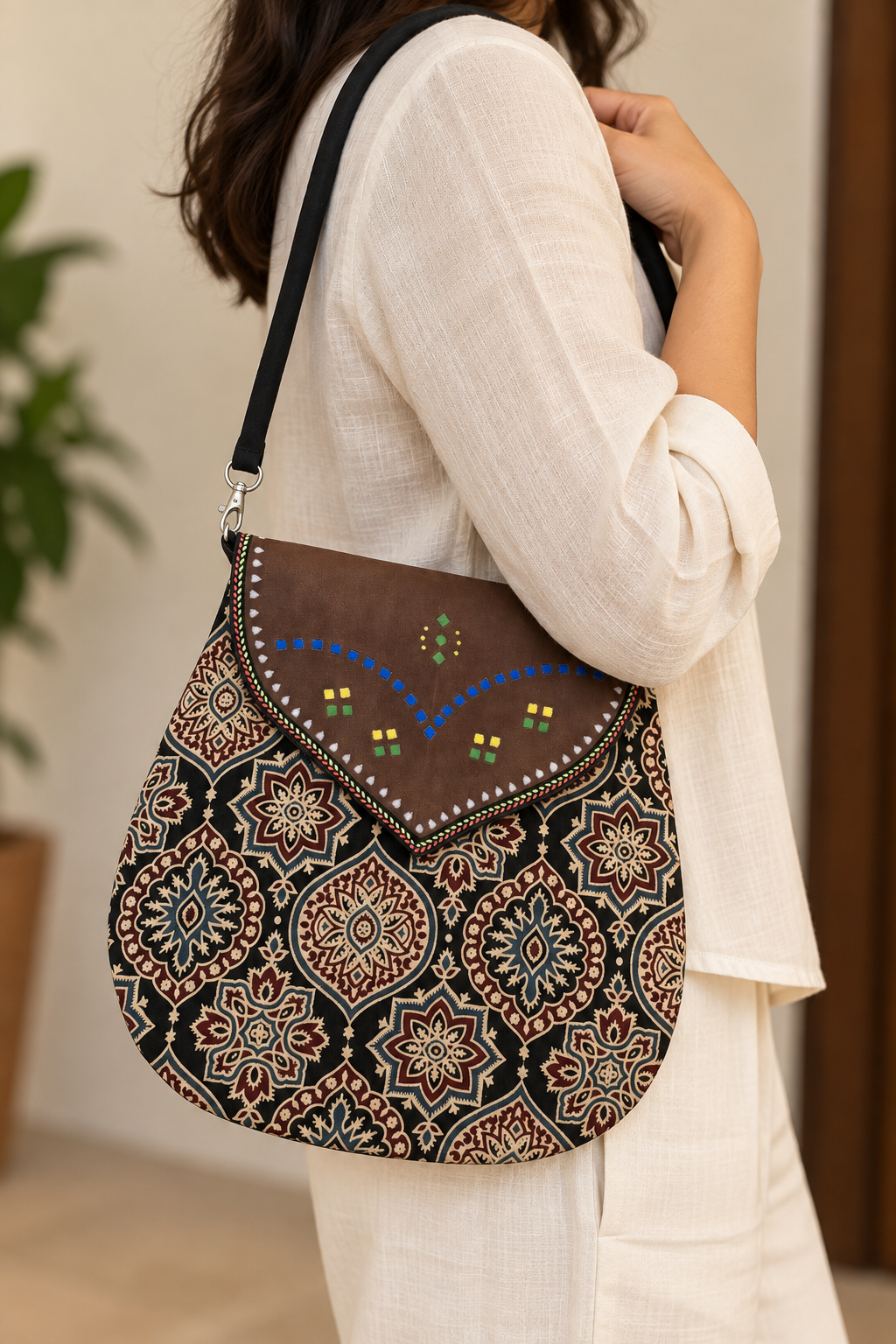 Mashru Silk & Leather Shoulder Bag (Black)