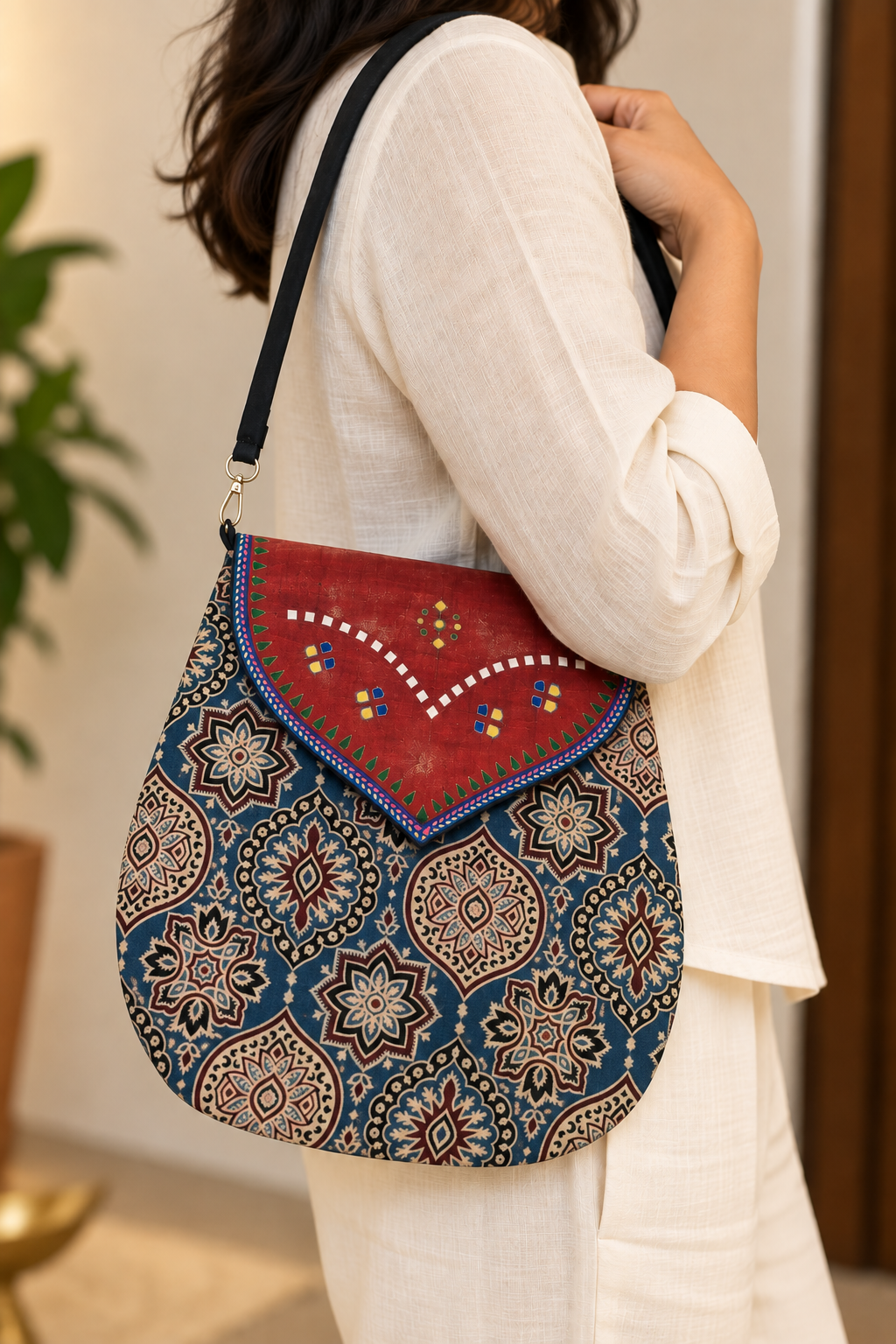 Mashru Silk & Leather Shoulder Bag (Blue Red)