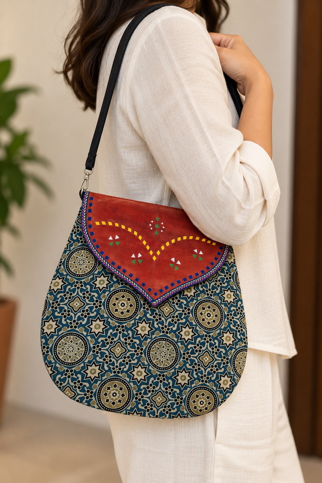 Mashru Silk & Leather Shoulder Bag (Blue Green)