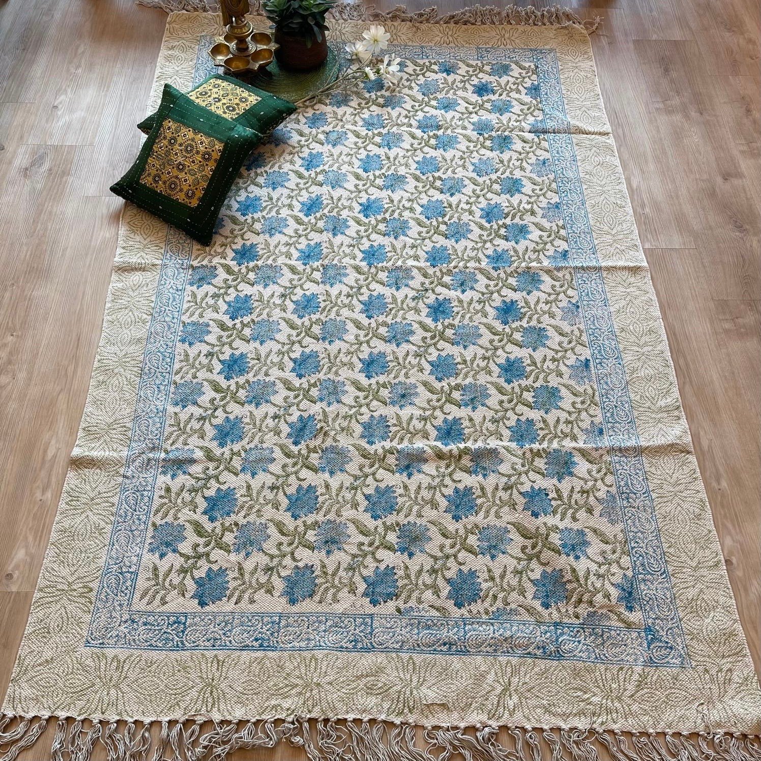 Block Printed Jute Dhurrie (4x6 feet - Blue) - Image 2