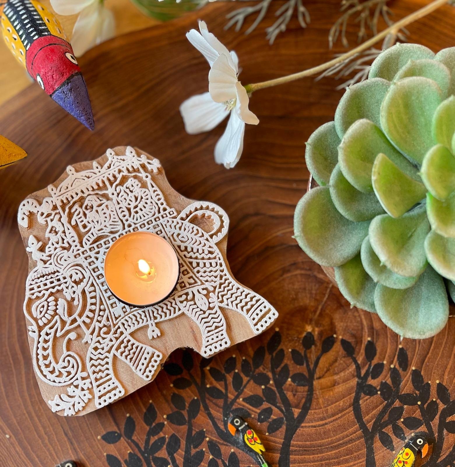 Wooden Block Tealight Holder (Elephant)