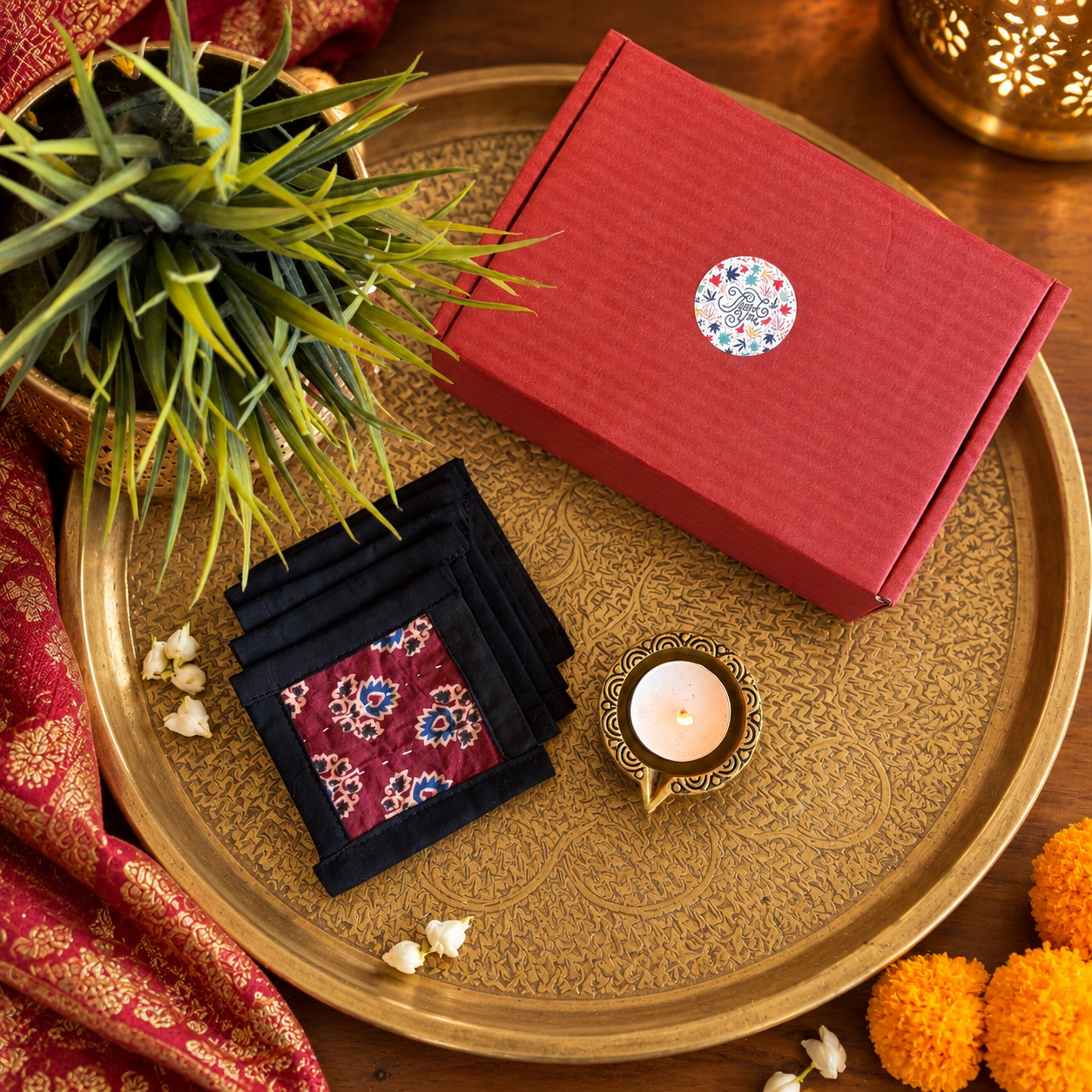 Coaster & Diya Gift Set (Red w Black)