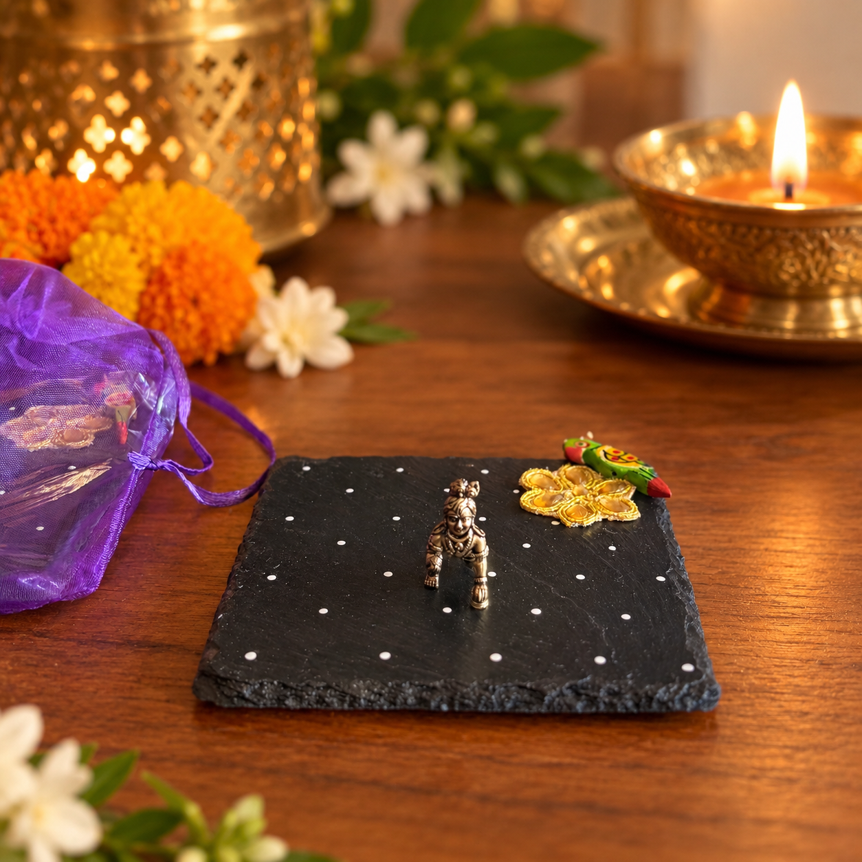 Pooja Coaster & Bala Krishna Gift Set (Green Bird)