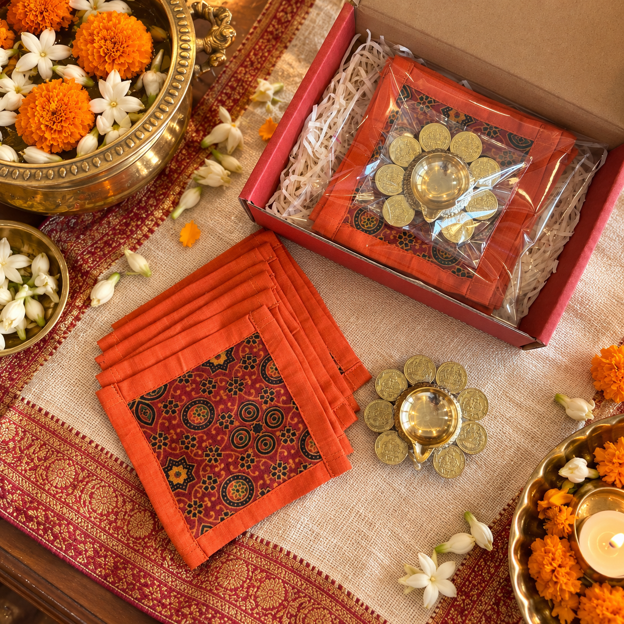 Silk Coaster & Coin Diya Gift Set (Orange)