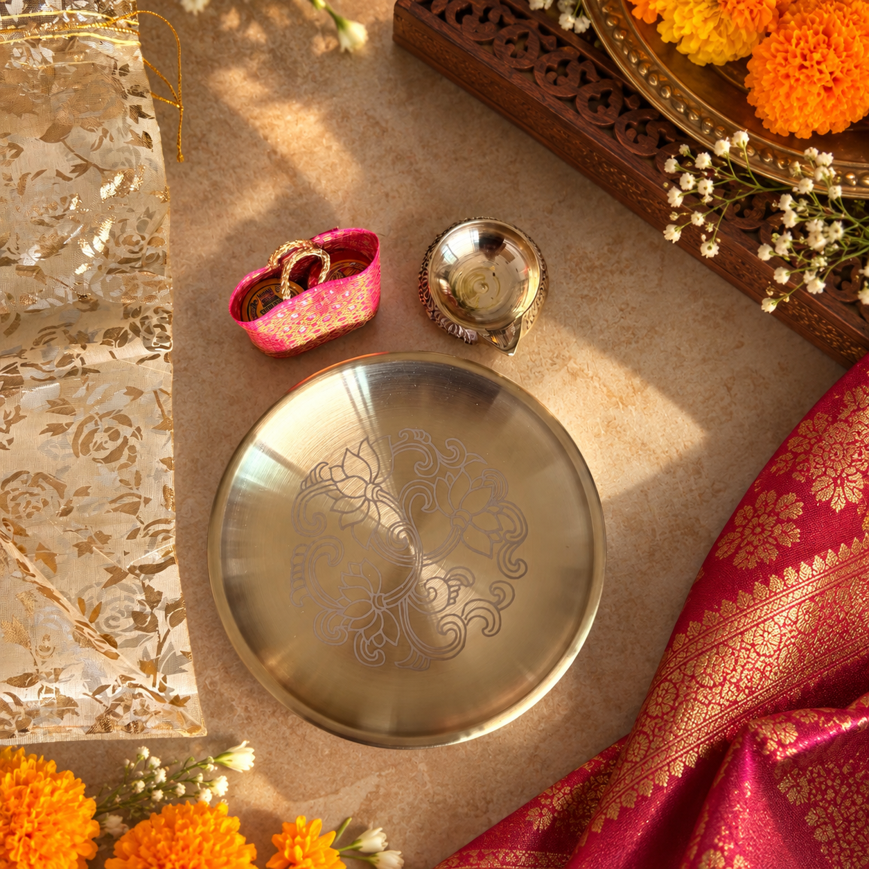 Multipurpose Pooja Plate, Brass Diya & Haldi Kumkum Gift Set