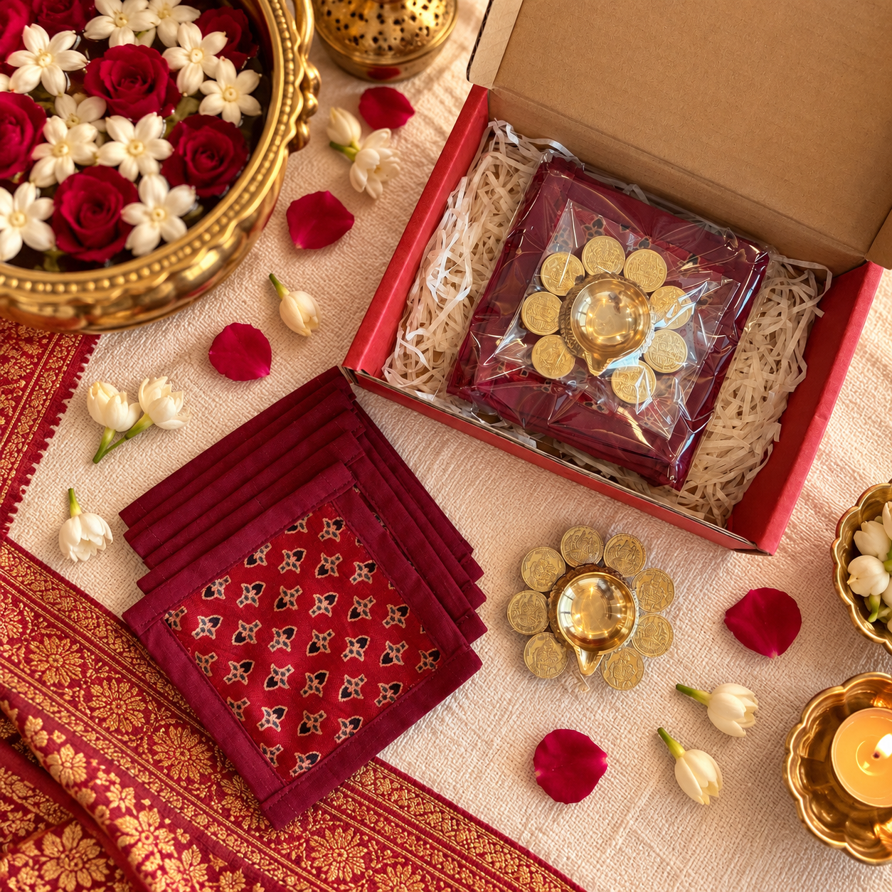 Silk Coaster & Coin Diya Gift Set (Red)